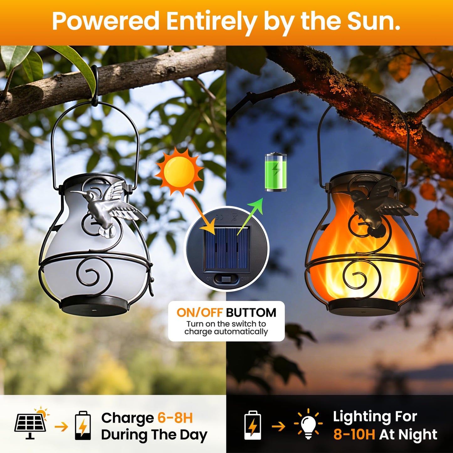 2 Pack Solar Lanterns Outdoor Waterproof , Metal Hummingbird Flickering Flame Solar Lights, Hanging Decorative Lantern for Patio Garden Porch, Gifts for Women, Mom