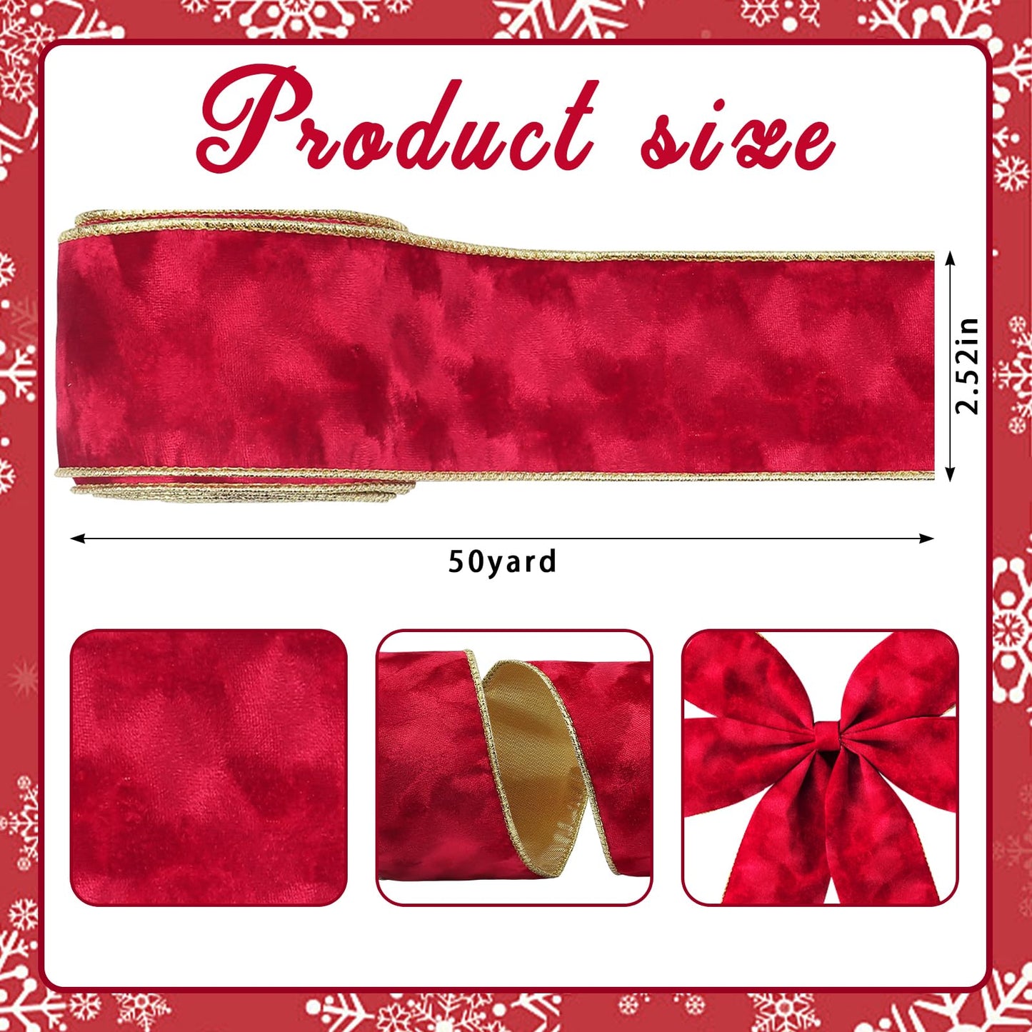 Glodecart Christmas Ribbon for Wreath Bow Wrapping Gifts, Christmas Red Velvet Ribbon for Gift Wrapping Xmas Party Supplies Decoration DIY Crafts 2.5" X 50 Yards Winter Christmas Wreaths Wired Ribbon