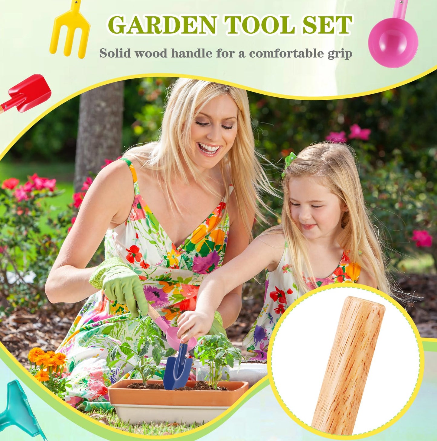 Motionchic 15 Pcs Children Beach Sand Toys Kids Gardening Tools Set Metal Including Shovel, Rake, Fork and Trowel, Summer Beach Sandbox Digging Toys with Wooden Handle Hoe for Kid Outdoor Gift