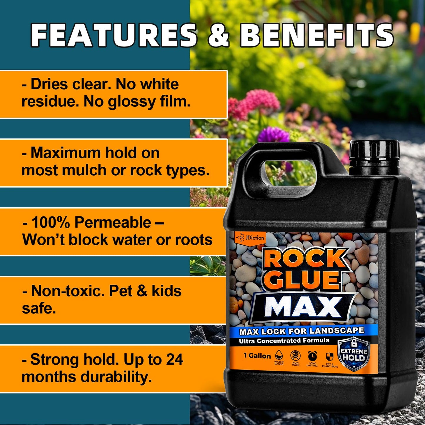 JDicton Rock Glue for Landscaping 1 Gallon - Concentrated Mulch Binder for Landscaping for Pea Gravel, Pebble & Stone, Landscape Glue for Patio & Driveway, 100% Permeable, Pet Safe, Last 2 Years