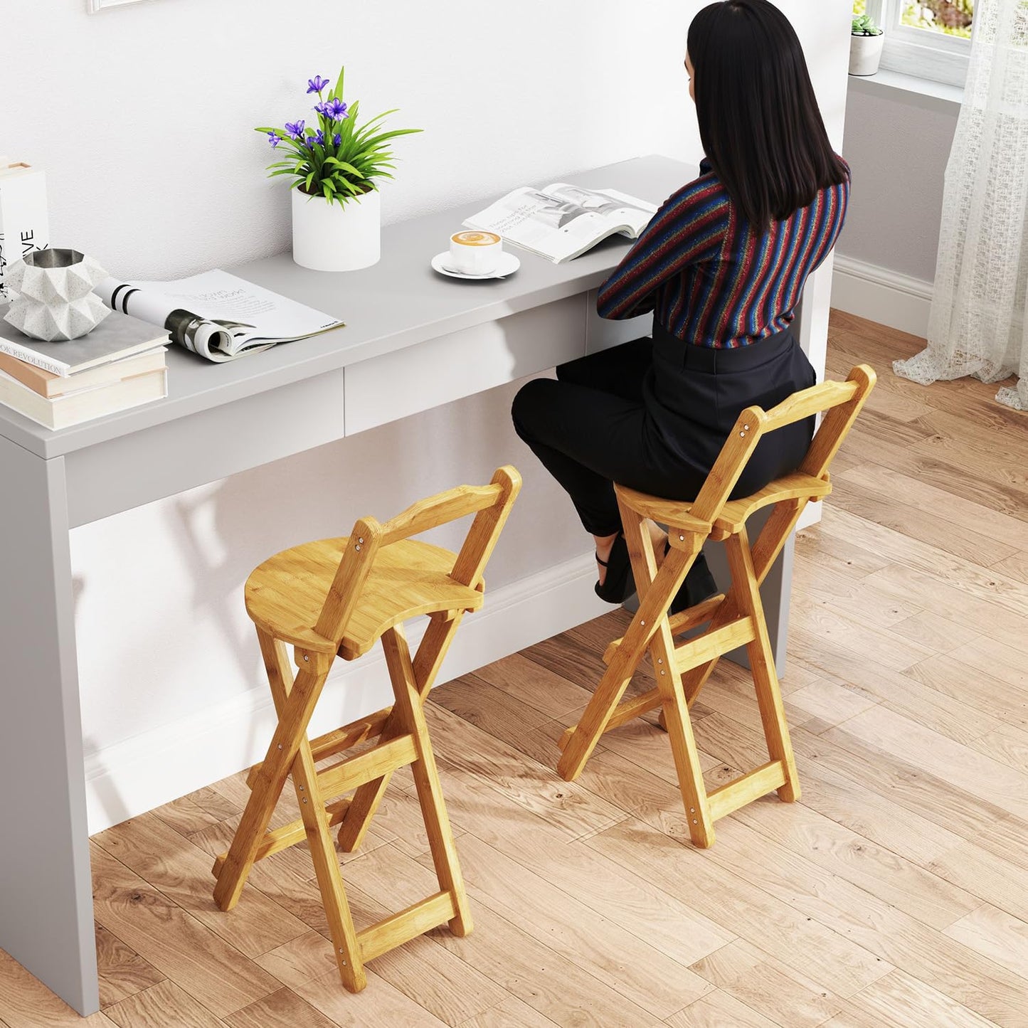 Nisorpa Folding Bar Stool with Backrest Kitchen Counter Height Stool with Back Support Foldable Bamboo Bar Stool Folding Bar Chair for Home Kitchen Island Breakfast No Assembly 1Pack