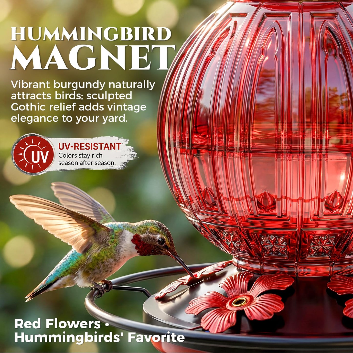Glass Hummingbird Feeder for Outdoors Hanging, 24Oz Bird Nectar Feeder with Perch & 5 Flower Feeding Ports, Leak Proof for Outside Garden Decor Backyard, Gifts for Women Mom, Red