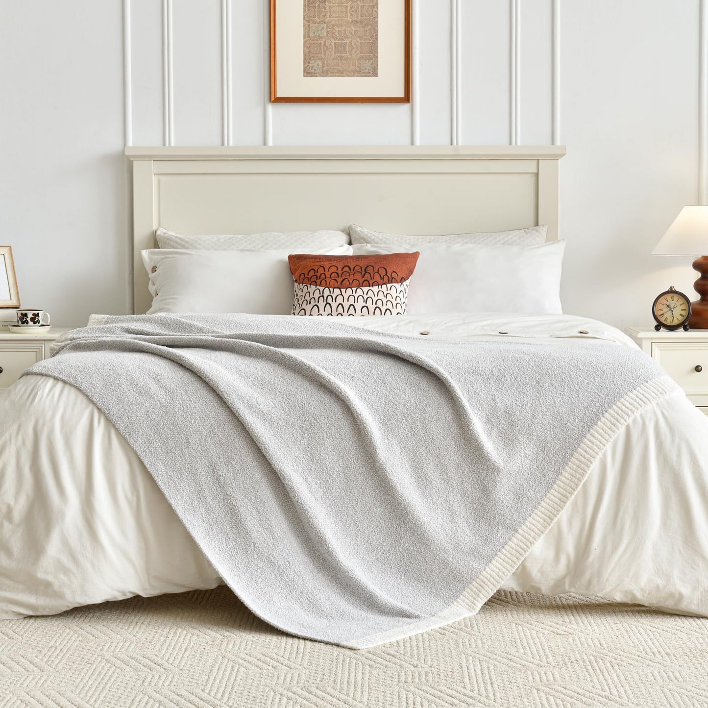 Chunky Knit Boucle Throw Blanket, Soft Washable Coastal Blanket for Bed Couch, Lightweight Cozy Oversized Feather Knit Blanket Indoor Outdoor for Sofa (Grey, Throw 50"x60")