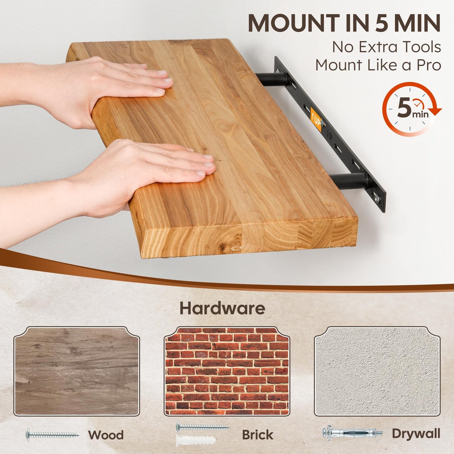Realgulf Floating Shelves Set of 2, Solid Elm Wood Wall Shelves 24 Inch - Invisible Bracket Mount for Living Room, Bedroom, Kitchen, Bathroom - Natural