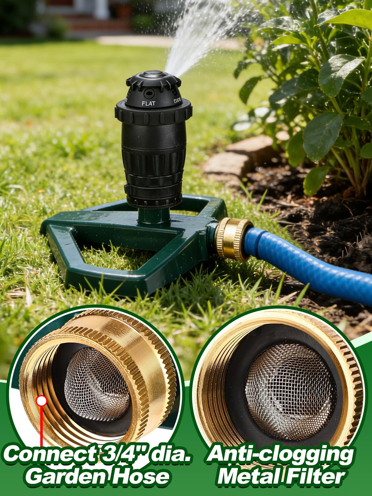 Sprinklers for Yard with Sturdy Zinc Alloy Base - Adjustable Spray Coverage & 5 Spray Patterns Lawn Sprinkler, Efficient Irrigation System for Medium Garden