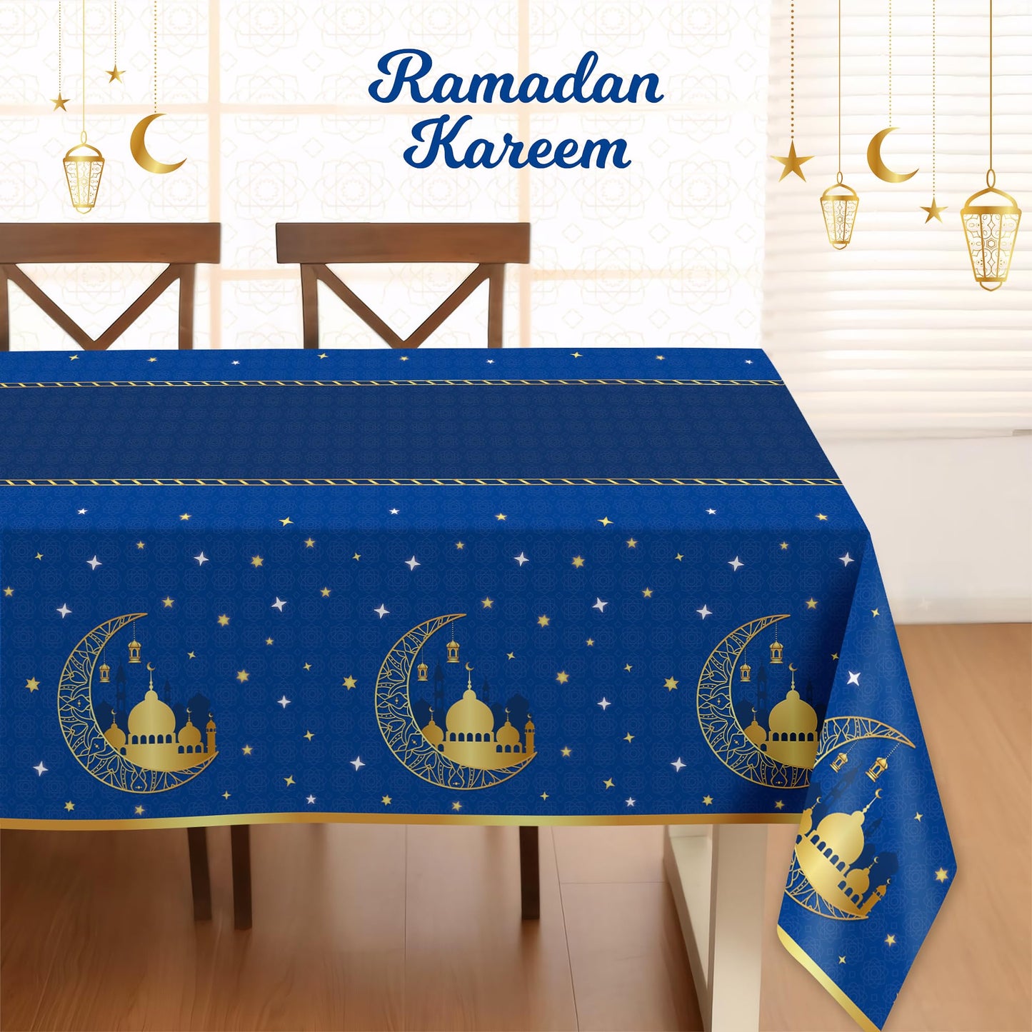 Childom 3 Pack Ramadan Table Cloth,Ramadan Decorations for Home,54" x 108" Eid Mubarak Decorations,Eid Ramadan Tablecloths Rectangular,Blue Plastic Table Cloth Disposable Table Cover for Party Favors