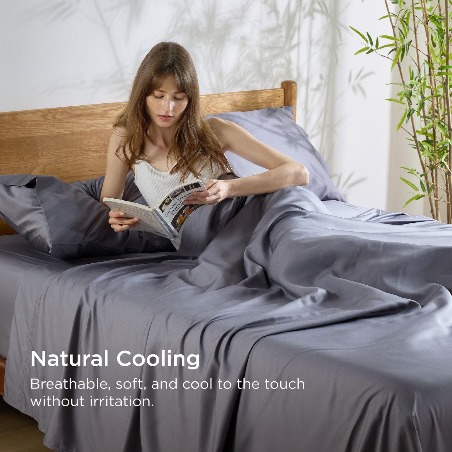 Bedsure Queen Sheet Set, Cooling Sheets for Queen Size Bed Set, Rayon Derived from Bamboo, PureWoven, Breathable & Soft, Deep Pocket Up to 16", Hotel Luxury Silky Bedding for Hot Sleepers, Dark Grey