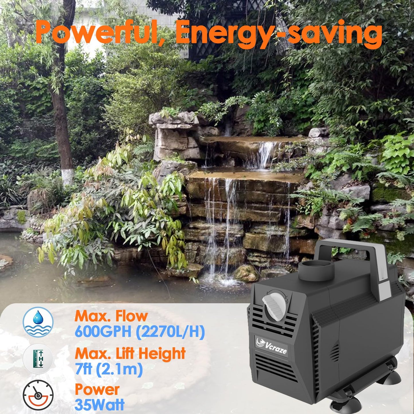 VCRAZE Submersible Water Pump 600GPH/35W Fountain Pumps with Flow Control, Pond Pump Submersible Outdoor with 10ft 3-Core Power cable for Hydroponics, Aquarium, Waterfall, Statuary, Water feature