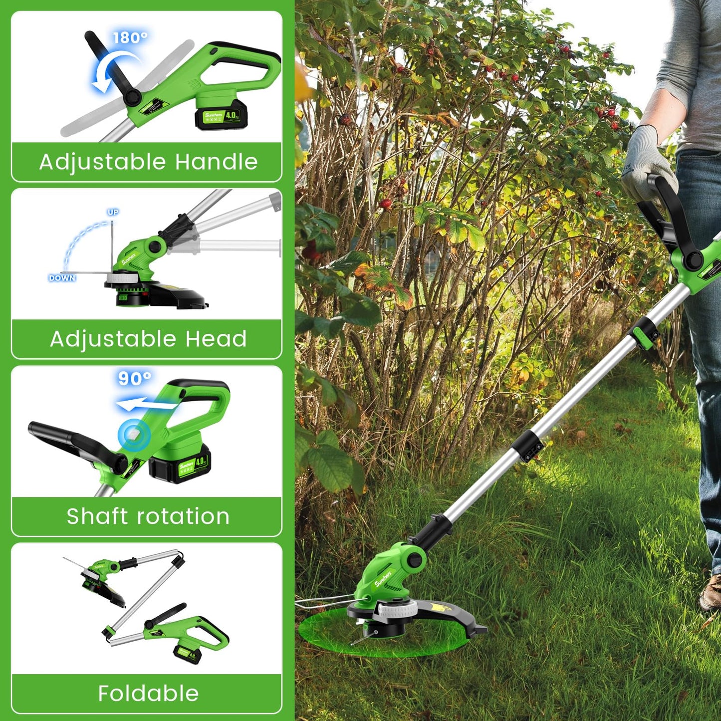 20V 12" Cordless String Trimmer With 2 X 4.0ah Battery and Charger, Electric Grass Trimmer Battery Powered Eater String, Edger Lawn Tool Grass Cutter With 8pcs Line, Lawn Mover For Yard, Garden, Green