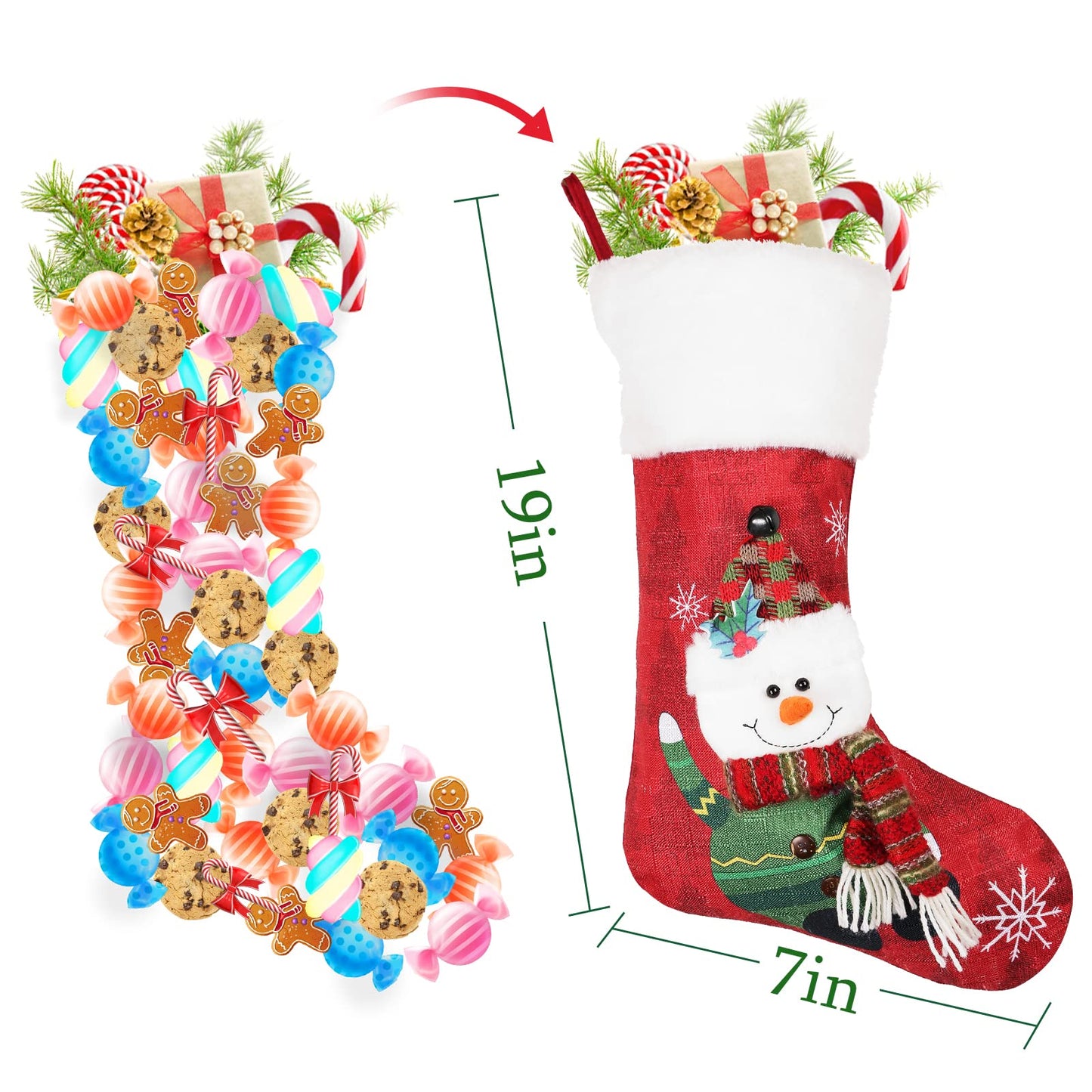 COOLWUFAN Christmas Stockings 4 Pack, 19'' Xmas Stockings with Snowflake Santa Snowman Reindeer Penguin and Plush Faux Fur Cuff Stockings for Stairs Fireplace Hanging Xmas Home Decor