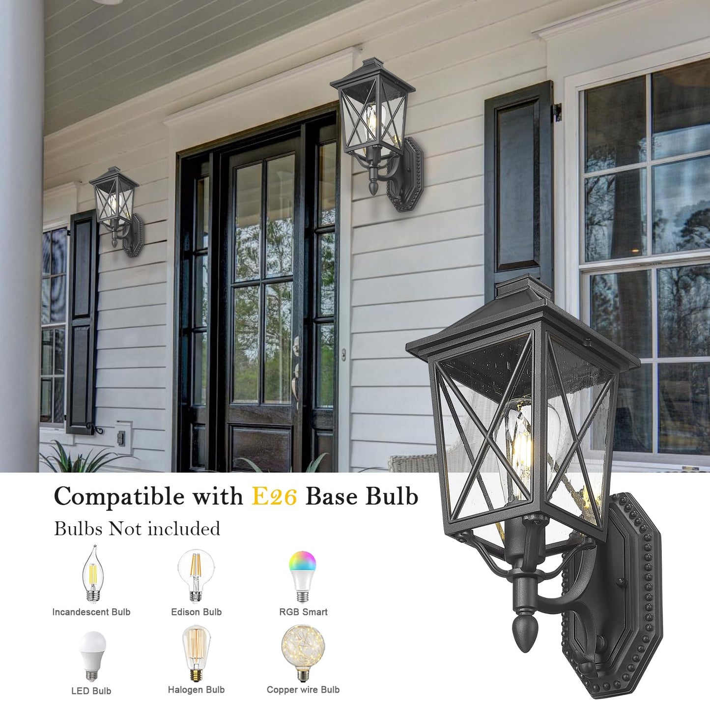 Darkaway Outdoor Wall Light Fixture,Outside Porch Lights Wall Mounted Seeded Glass Exterior Waterproof Lantern Modern E26 Socket Wall Sconce Lighting for Front Door Yard Patio