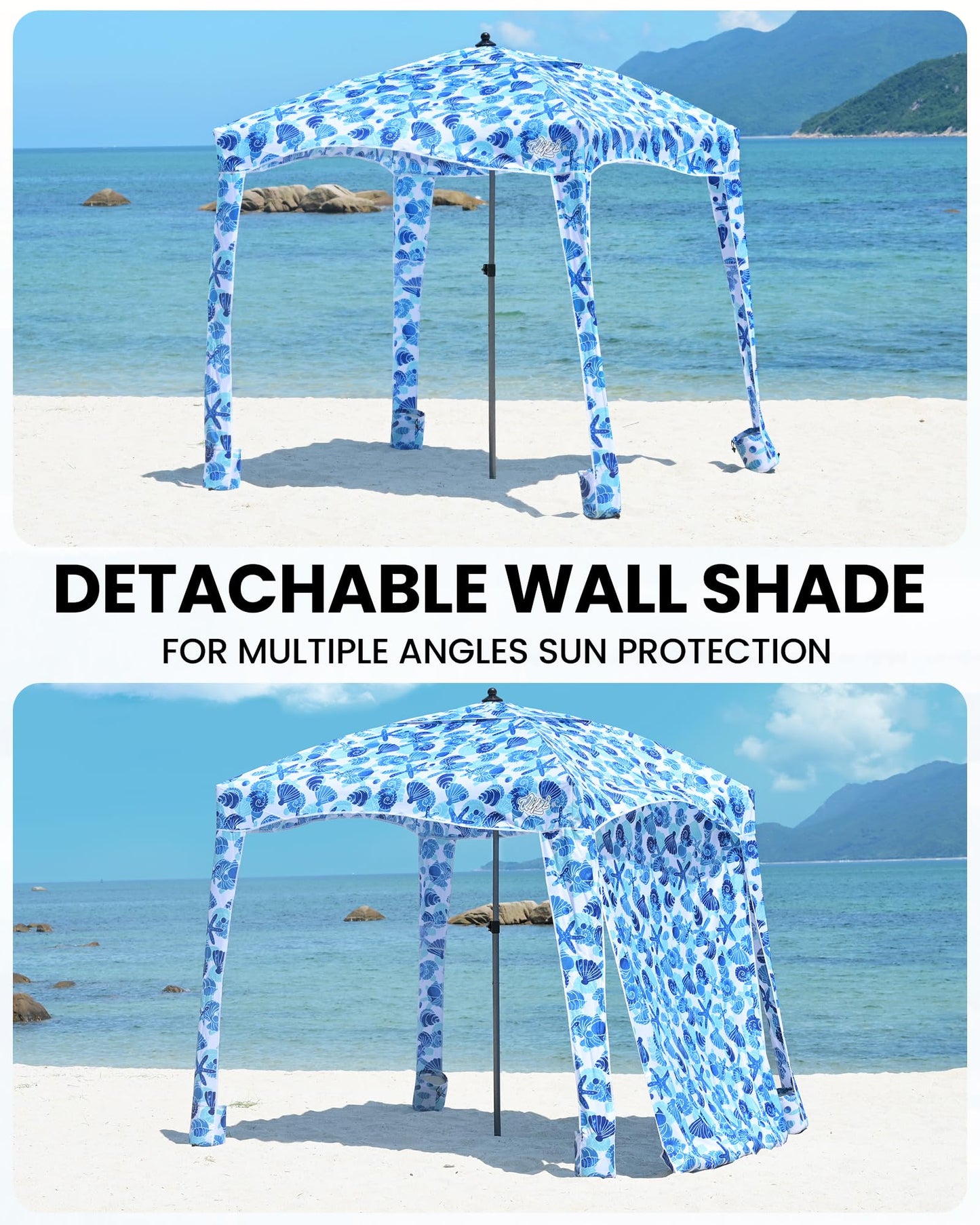 Qipi Beach Cabanas for Sand, Beach Canopy with Sandbags & Side Wall for Family, Easy Set Up Sun Shelter, UPF 50+ UV Protection with Roof Vent 6' x 6' A-Sea Life