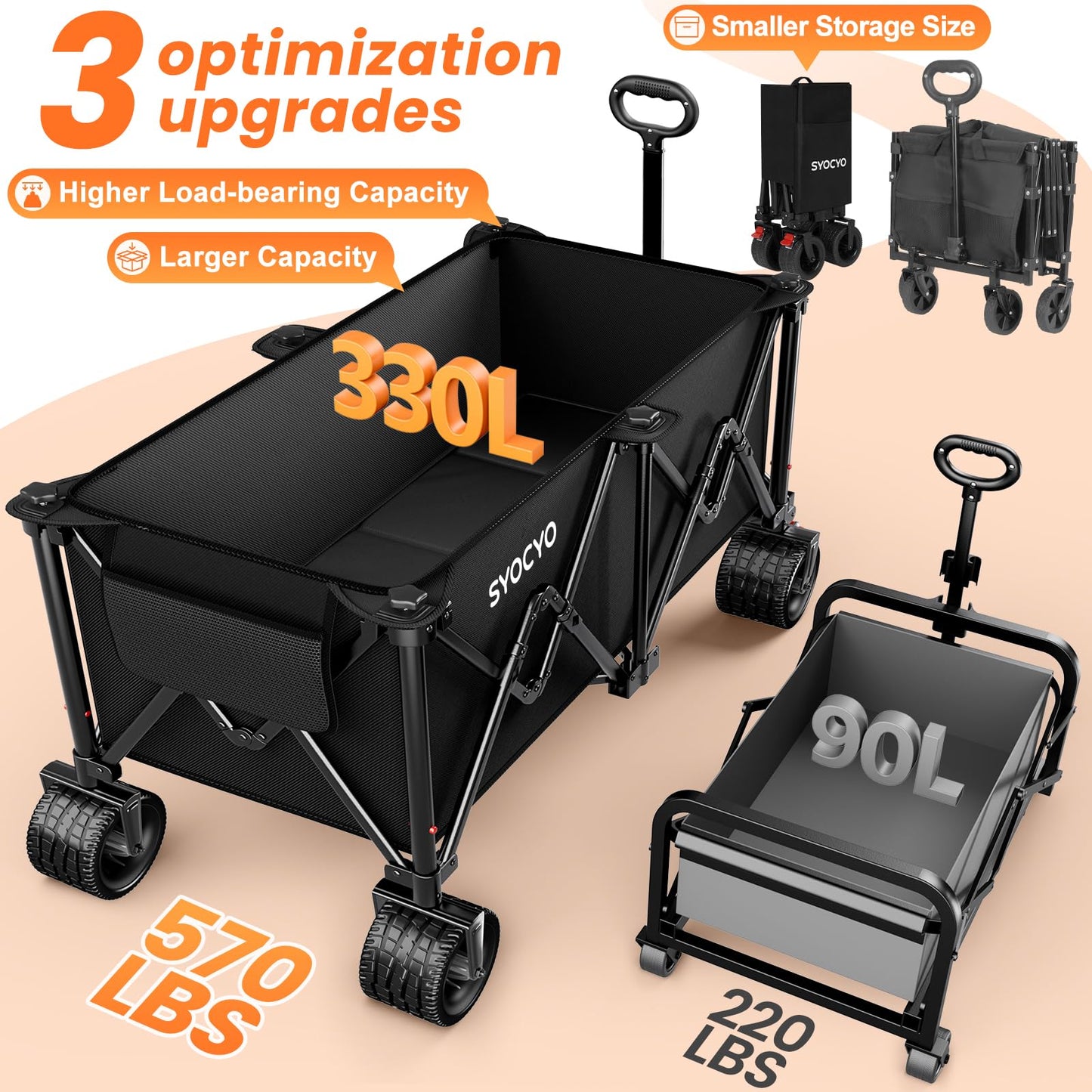 Collapsible Wagon Carts Foldable 570LBS Beach Wagon with Big All-Terrain Wheels Weight Capacity Heavy Duty Utility Carts with Cup Holders for Garden, Camping, Grocery, Sports Black