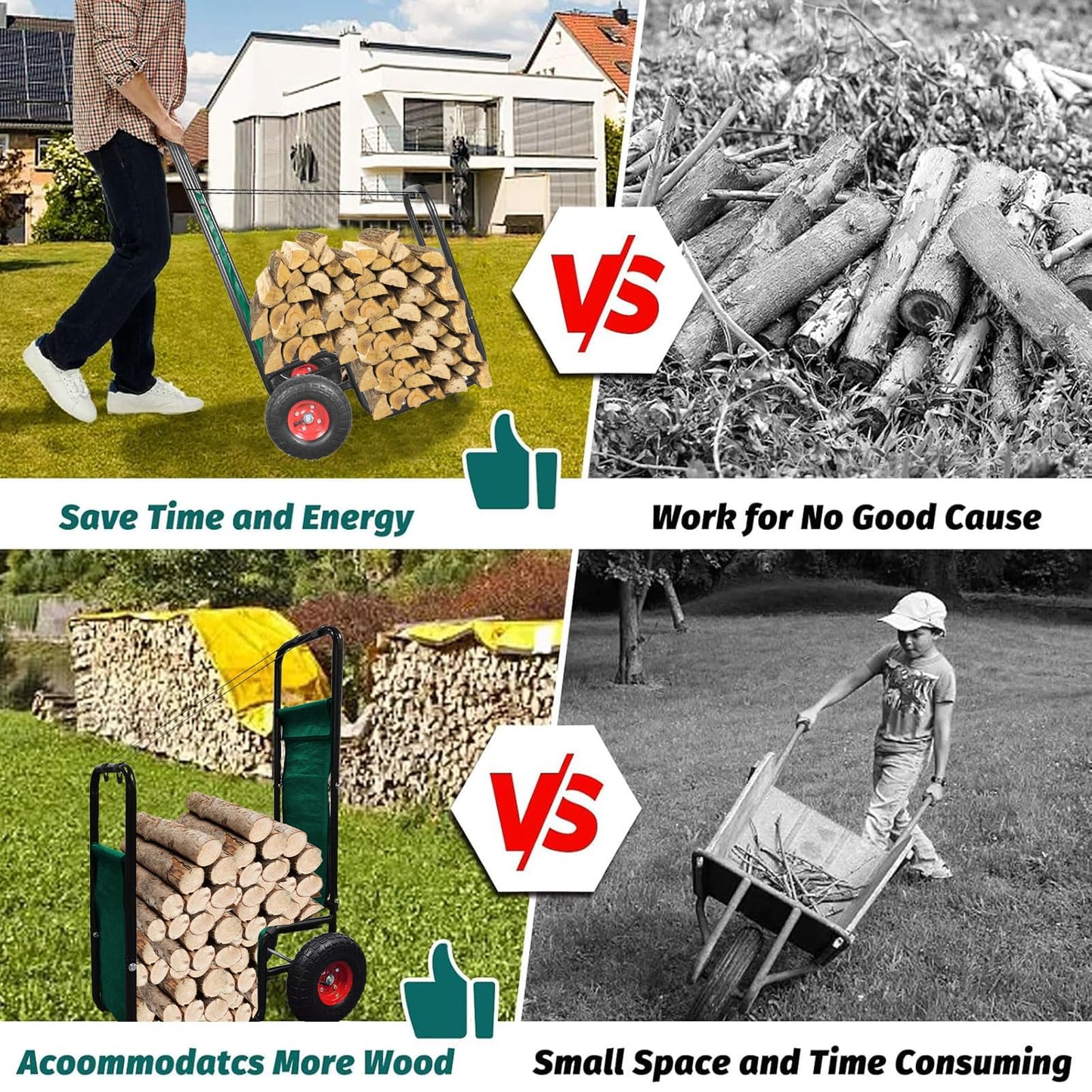 HIGOOD Firewood Cart with Wheels: 260 lbs Capacity Log Dolly Carrier with Pneumatic Wheels & Fabric Liner - Easy Roll Wood Mover for Farm, Indoor & Outdoor Use - Heavy Duty Steel Construction