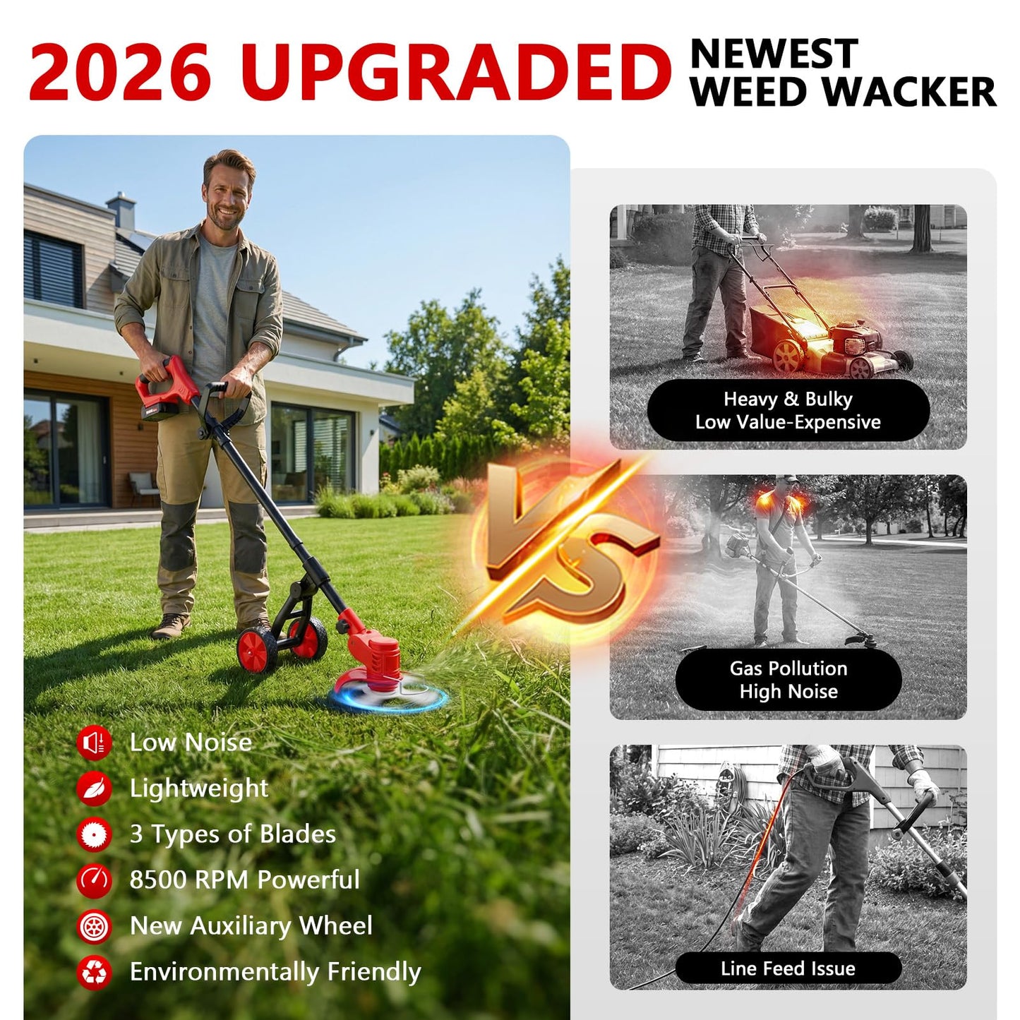 Electric Weed Wacker Cordless, 4000mAh Weed Eater Battery Powered with Wheel, 4 in 1 Grass Trimmer/Heavy Duty Brush Cutter/Lawn Edger/Weed Trimmer, No String Trimmer with Blade, 2 Battery Garden Tool