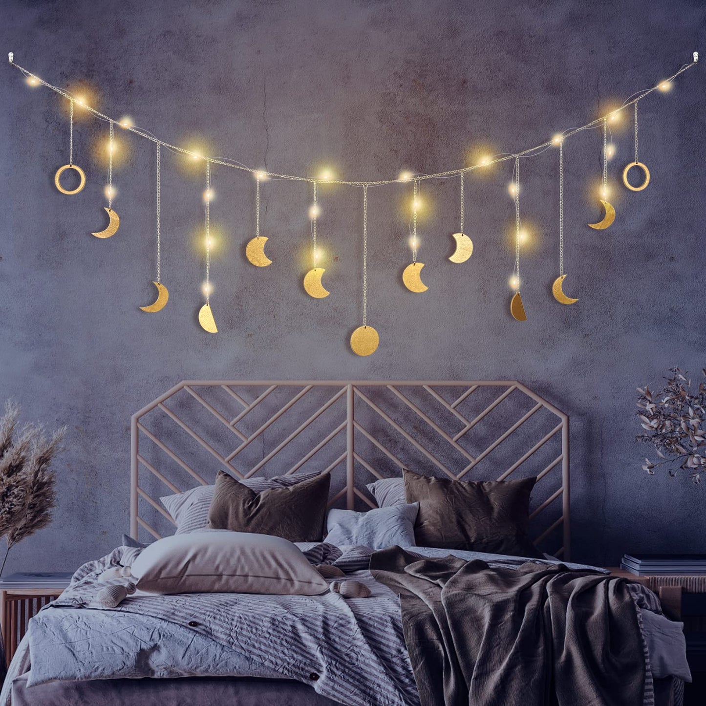 Brmeday Moon Phase Wall Decor with LED String Light, 13 Gold Wood Boho Wall Hanging Decor Mood Garland 56'' - Celestial Phases Moon Decoration in Bohemian Style for Bedroom Living Room, Gifts for Mom