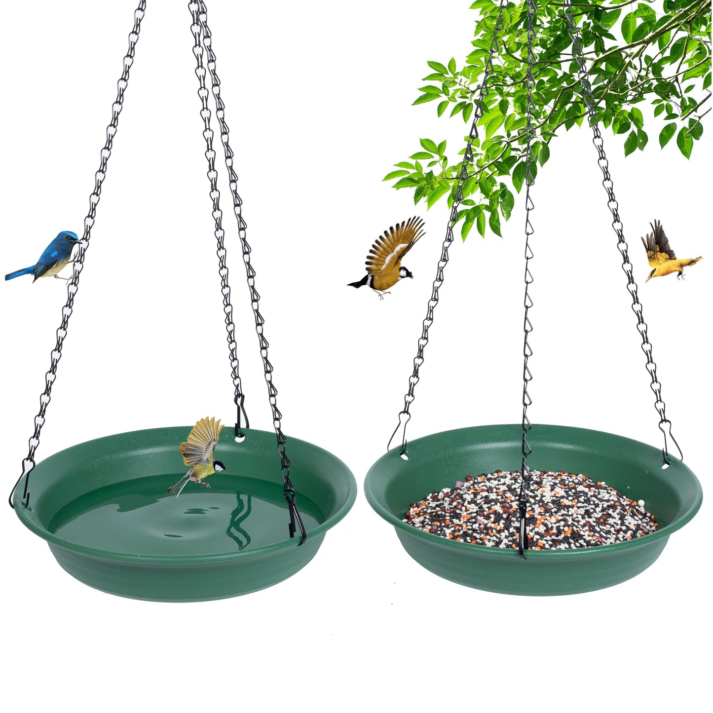 VUWEZ Hanging Bird Feeder & Bath for Outdoors, Wild Bird Feeders Tray, Hanging Birdfeeder Birdbath for Outside, Cardinal, Blue Jay, Crow, Birdfeeders Trays (10", 1 Pcs with Hole & 1 Pcs No Hole)