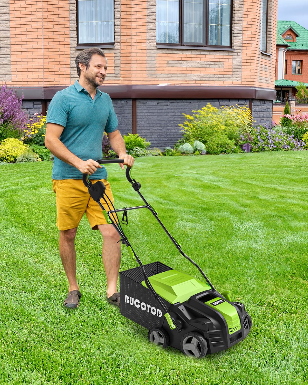 2-in-1 Dethatcher & 16-Inch Scarifier Electric Corded, 15 Amp Copper Motor, Electric Lawn Dethatcher with 5-Position Depth Adjustment, 14.5 gal Thatch Bag,Walk Behind for Yard Lawn Garden Care