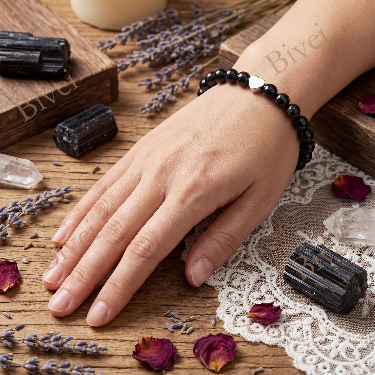 Bivei 6mm Black Tourmaline Crystal Stretch Bracelets for Women, Handmade Natural Stone Beaded Bracelet, Yoga Protection Jewelry Gift