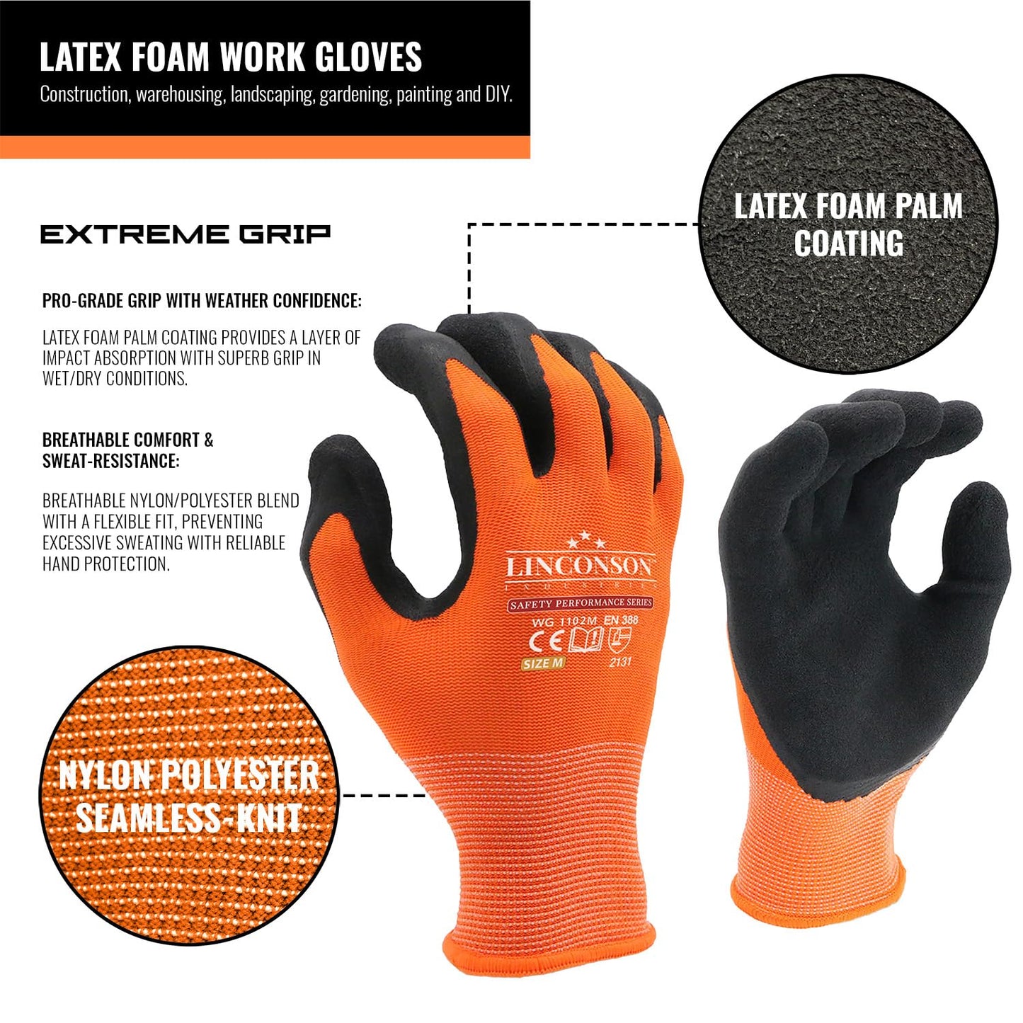 linconson 12 Pack Safety Performance Series Construction Mechanics Work Gloves (L (Pack of 12), Orange)