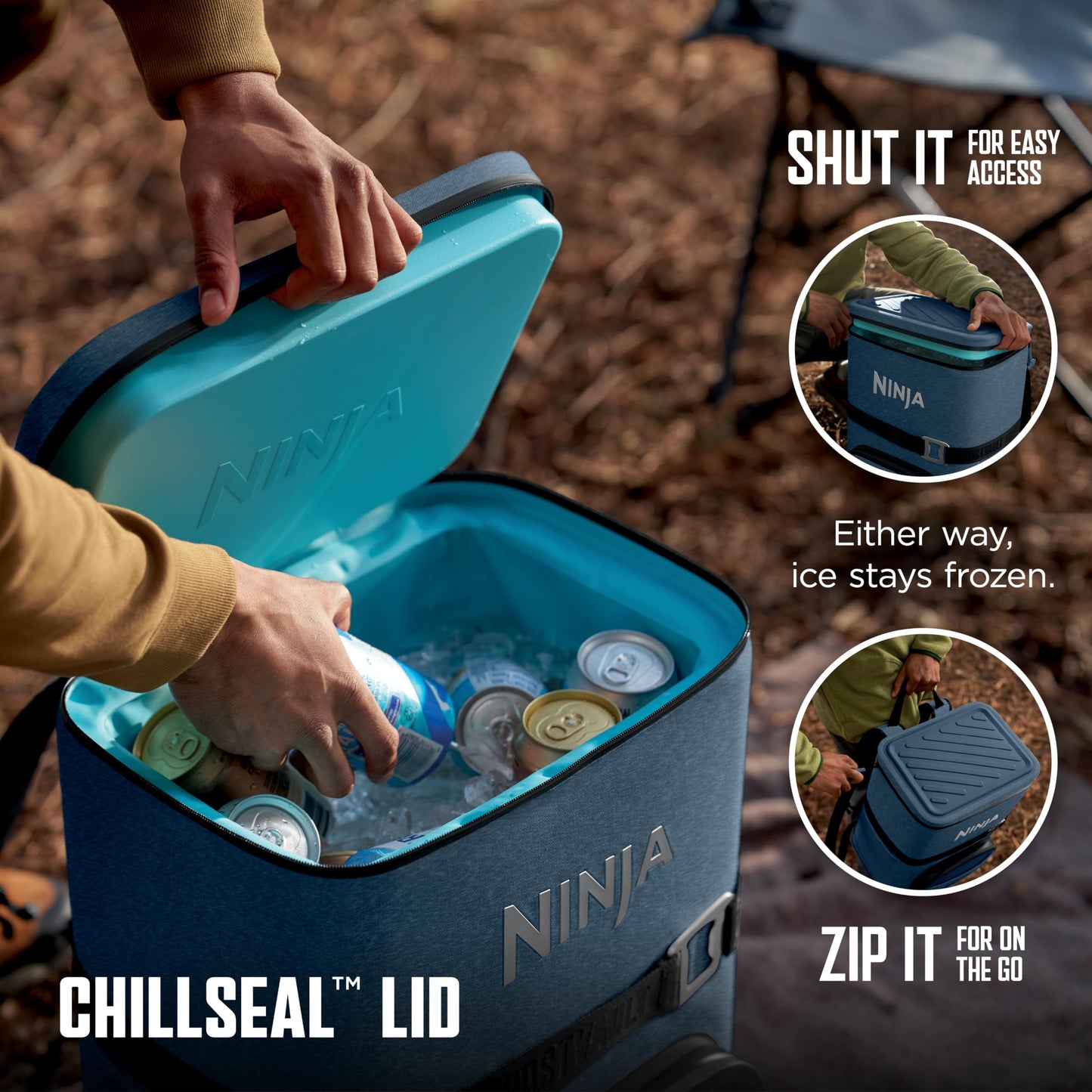 Ninja | Backpack Cooler | FrostVault Go 36 Can Soft Cooler | Leakproof Zipper with Built in Can Opener, 2 Ice Packs & Dry Storage Drawer | for Hiking, Camping & More | Lakeshore Blue | FF136NV
