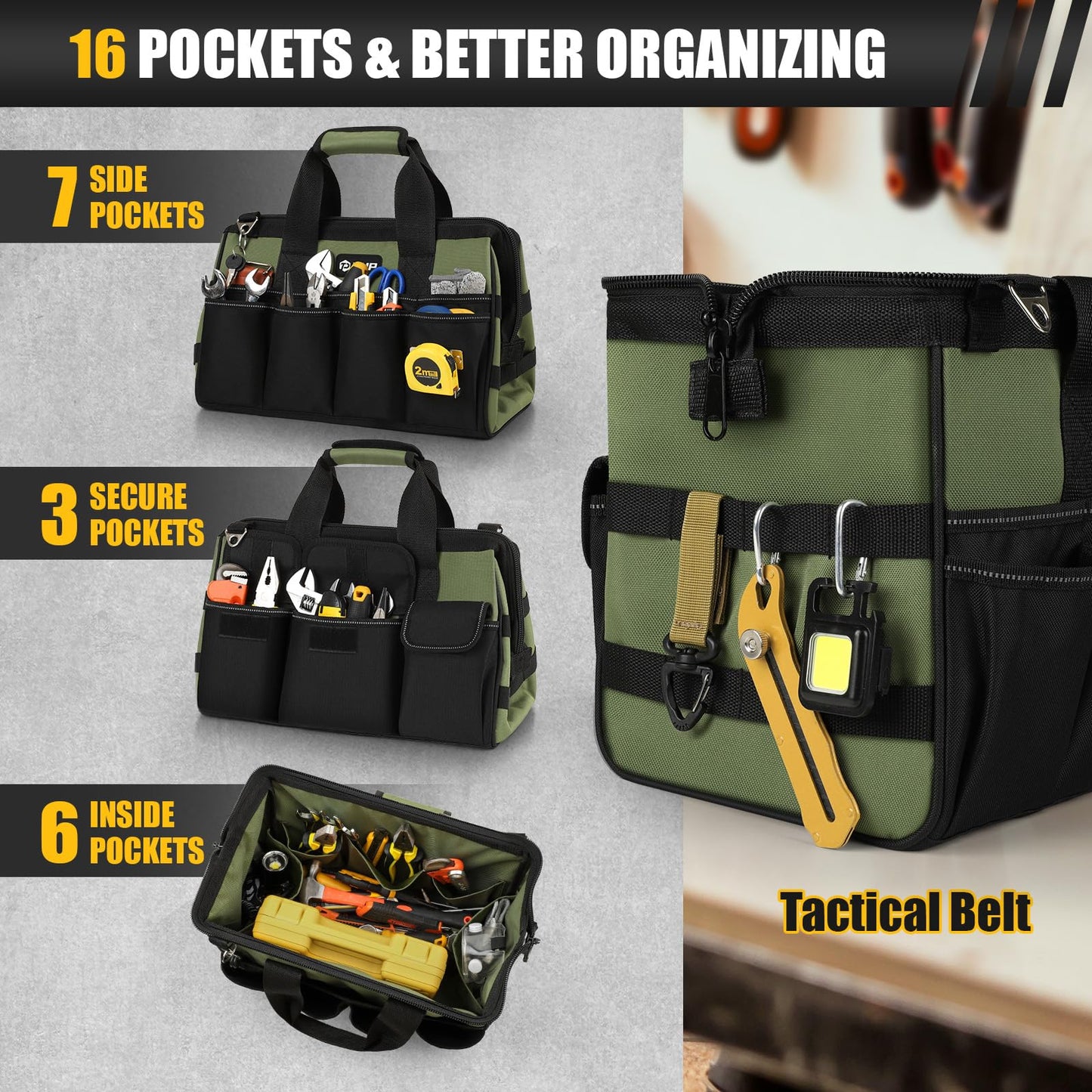 UUP Heavy Duty Tool Bag 15-Inch, 16-Pocket Portable Empty Tool Box Organizer, Big Storage Toolbox Organization, Soft Handle Large Zipper Carrying Toolbag, Father Day Gifts for Him Dad Men, Green