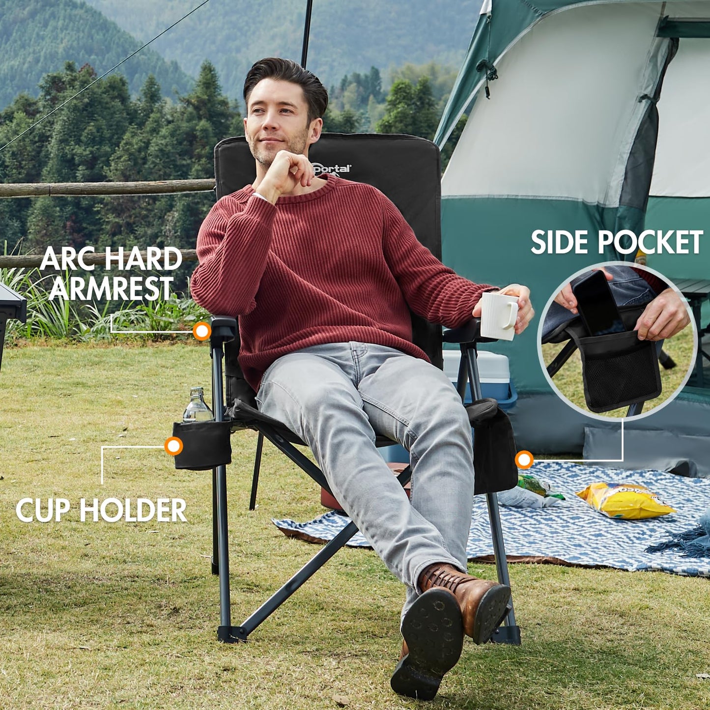 Portal Reclining Camping Chair with Adjustable Back Folding Camp Recliner for Adults Portable High Back Oversized, 350LBS (Black)
