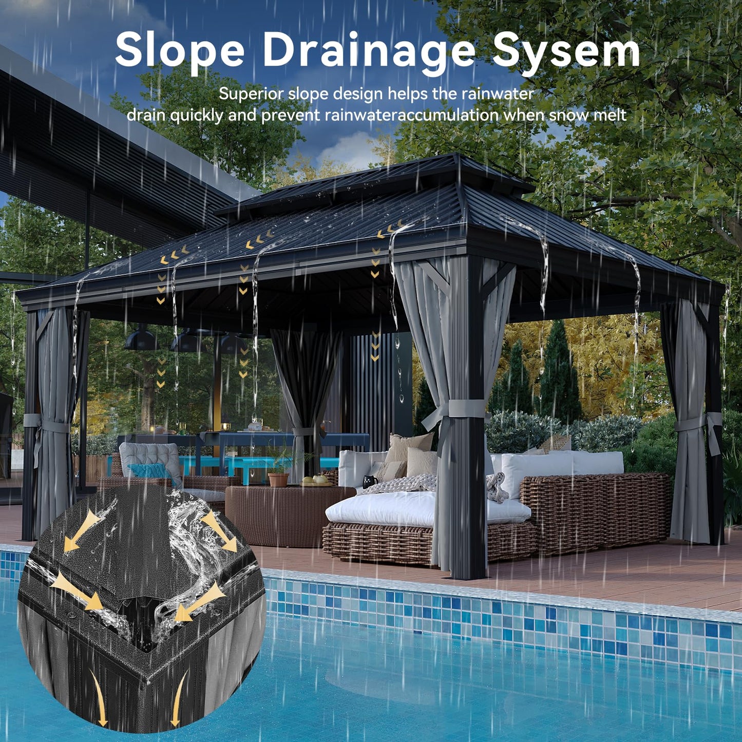 Aoxun 12' X 16' Permanent Hardtop Gazebo Aluminum Gazebo with Galvanized Steel Double Roof for Patio Lawn and Garden, Curtains and Netting Included, Grey