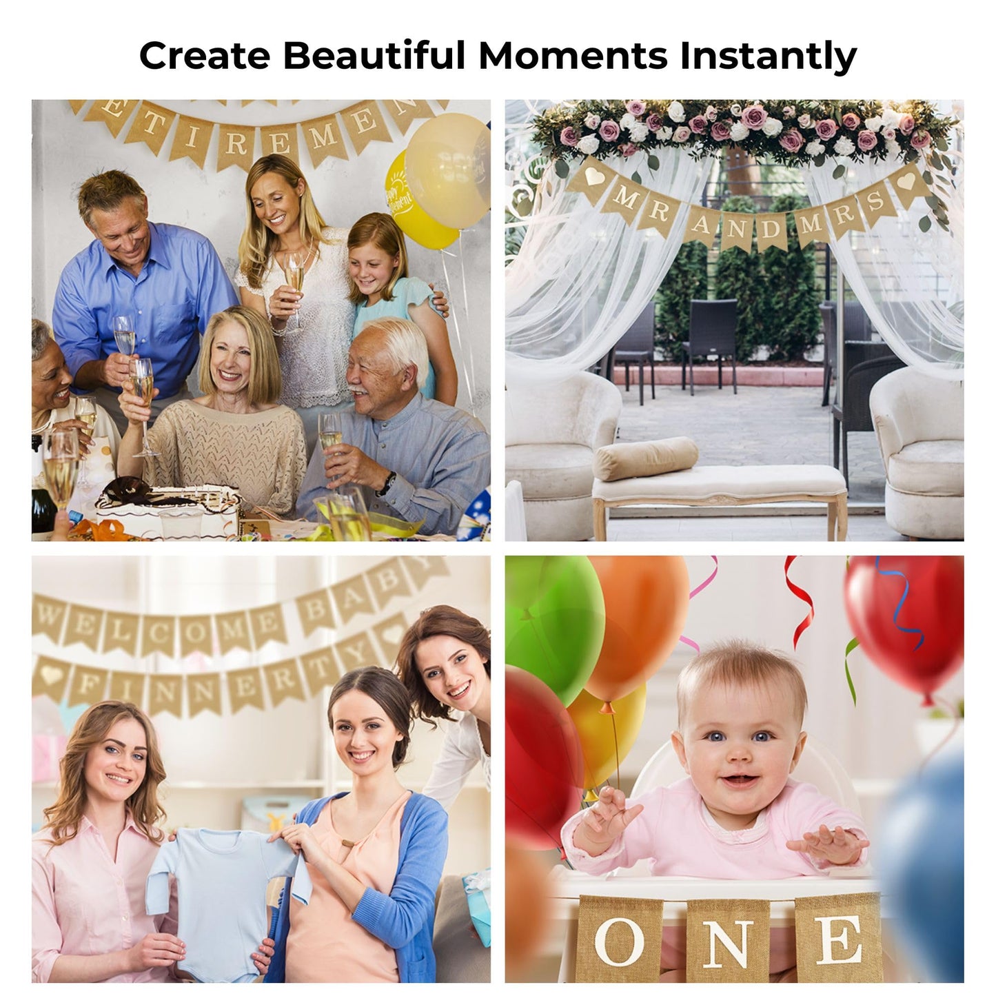 Pre-Printed Banner Kit – 97 BURLAP Flags with WHITE Letters, Numbers & Symbols, Reusable DIY Custom Banner, Make Your Own Personalized Party Banner, Faux Burlap, Includes Twine & 2 Needles