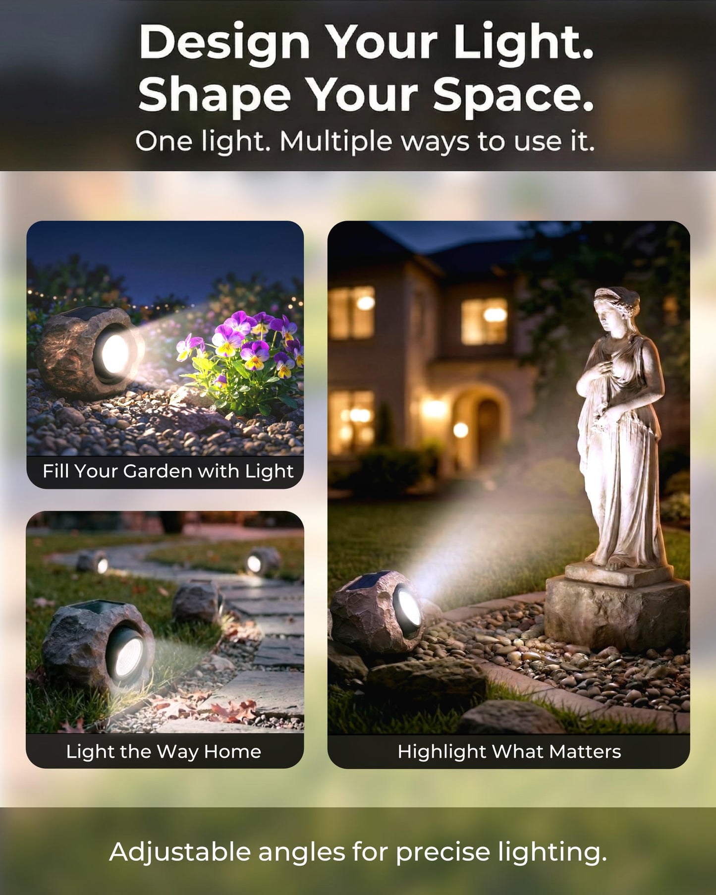 4 Pack Solar Rock Lights Outdoor, Angle Adjustable Solar Lights Outdoor Waterproof, LED Solar Garden Lights, Auto On/Off Landscape Lighting for Yard Pathway Patio Flower Bed - White Glow (Stone Brown)