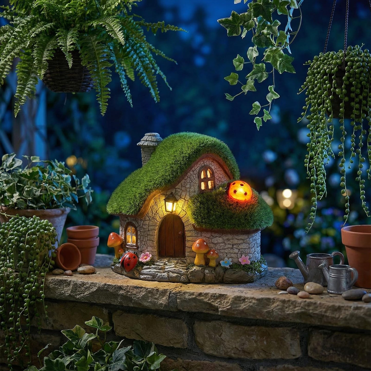 Solar Fairy Garden House Accessories, Outdoor Garden Statues with Ladybug Lights & Mushroom Gardening Gifts for Women, House Sculpture Figurine Outside Garden Decorations for Yard Patio Lawn Decor