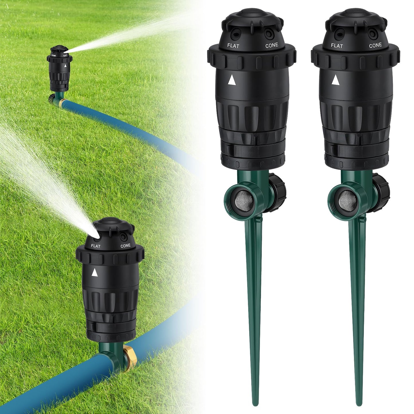 Sturdy Aluminum Alloy Spike Sprinklers for Yard - Adjustable Spray Coverage & 5 Spray Patterns Lawn Sprinkler, Efficient Irrigation System for Medium Large Garden Uneven Ground, 2 Pack