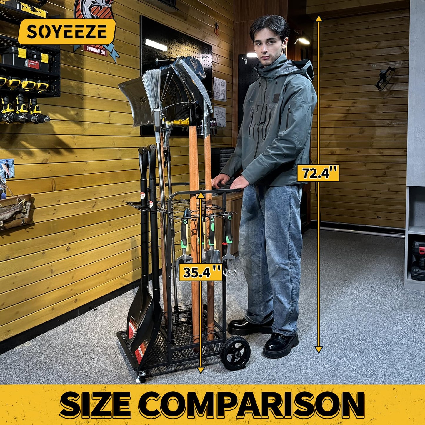 SOYEEZE Garden Tool Organizer with Large Wheels, Heavy Duty 3-Tier Yard Tower Tool Rack for Garage, Holds Up to 35 Long-Handled Tools, Garden Tool Cart with 12 Hooks for Tool Organization Storage
