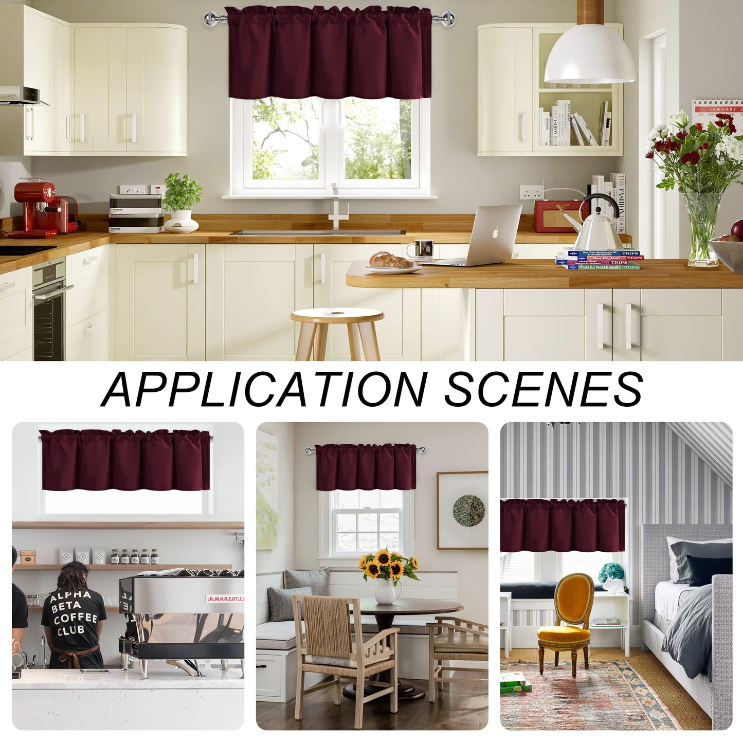 DWCN Valance Curtains for Living Room, Kitchen Valance Solid Short Topper, Rod Pocket Basement Window Curtains, 1 Panel, 42 X 12 Inch, Burgundy