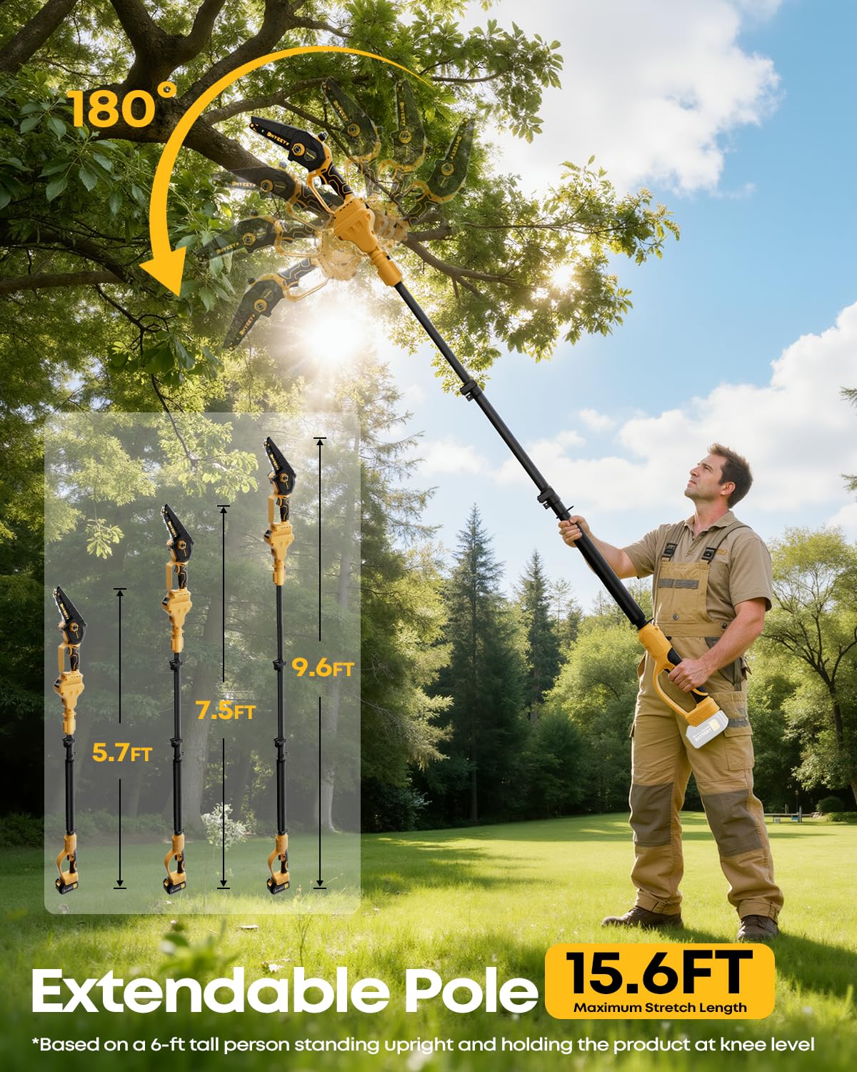 Dnveey 8-Inch Cordless Pole Saw for Tree Trimming, Compatible with DeWalt 20V Max, 15.6FT Extendable 2-in-1 Mini Chainsaw & Tree Trimmer, 800W Brushless [Tool Only - No Battery]