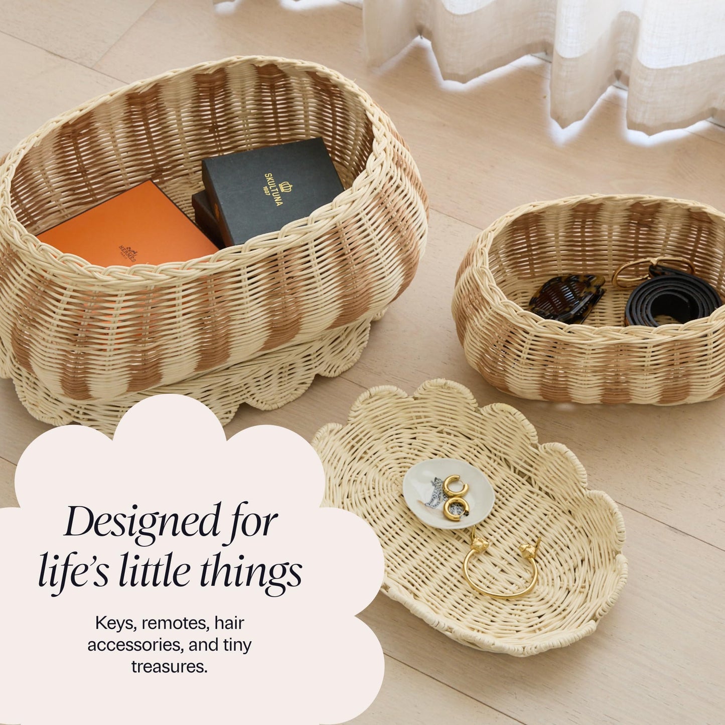 BEBE BASK The Original Scalloped Basket with Lid – Set of 2 (15 x 11 x 6 in) – Hand-Woven Rattan Scalloped Wicker Basket with Lid, Storage Baskets with Lids for Organizing (Stripey)