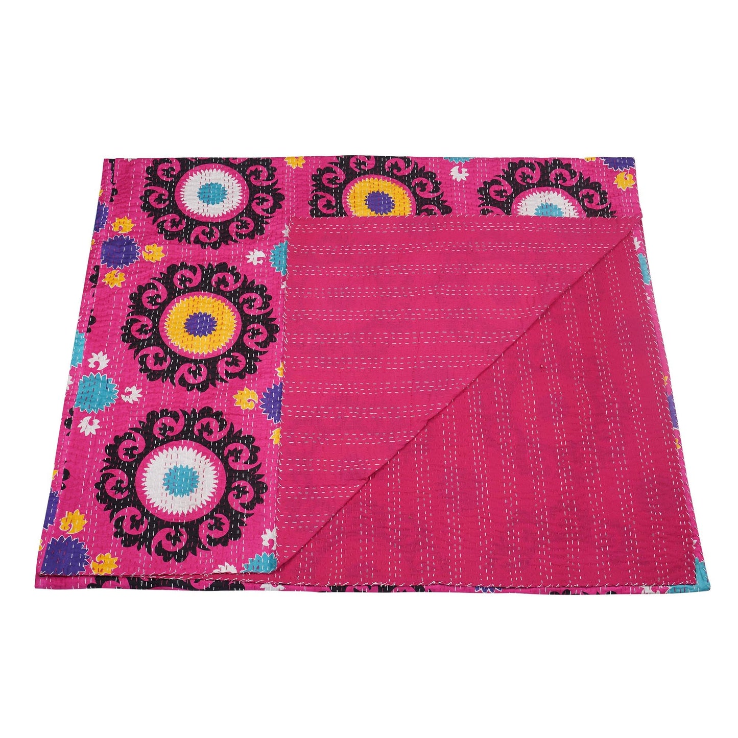 Marubhumi Indian Handmade Traditional Unique Print Kantha Quilt Indian Cotton Bedding Throw Blanket Bespread Hand Stitched with Love (Pink, Queen (90"x 108"))