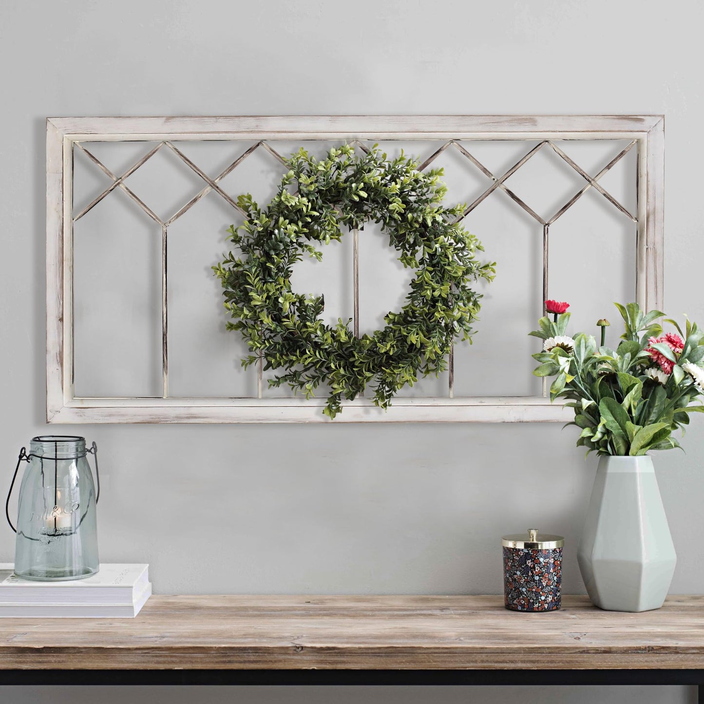 Oakrain Wood Window Frame Wall Art, 39"x 20" Rustic Wall Decor, Farmhouse Window Pane Decor for Wall, Decorative Wall Sculptures for Living Room, Bedroom, Entryway, Hallway, Distressed White