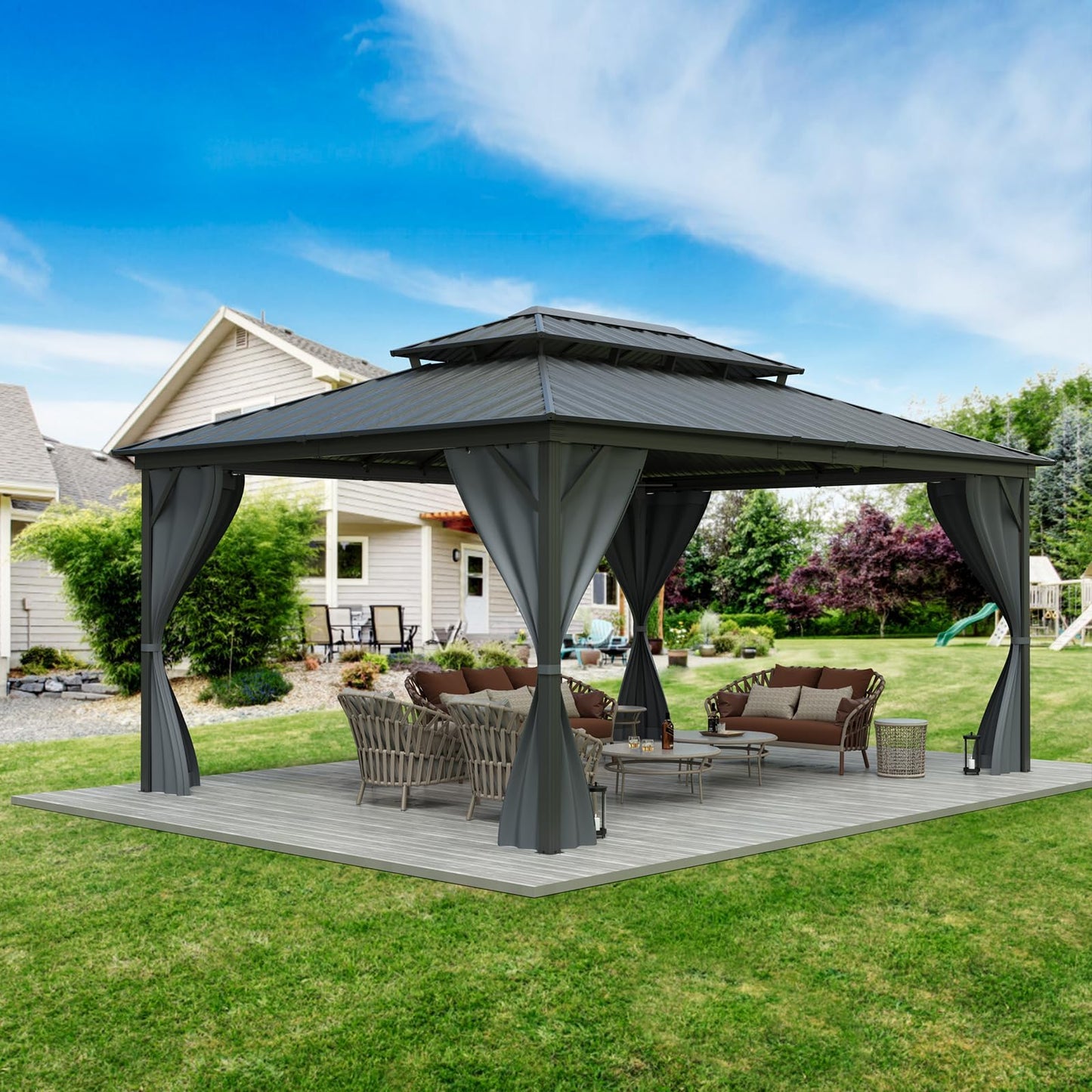 12Ft x 16Ft Hardtop Gazebo, Aluminum Metal Outdoor Gazebo with Breathable Netting and Curtains, Double Metal Roof, Galvanized Steel Heavy Duty Gazebos for Backyard, Wedding, Party