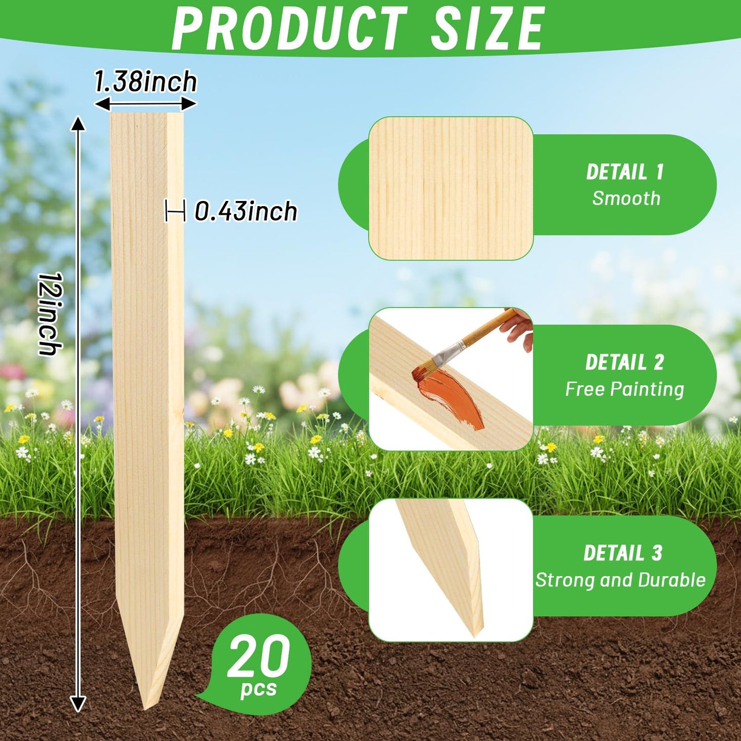 Warmfarm 20 Pack Wooden Garden Stakes, Wood Survey Grading Stakes 12in, Wood Garden Stake for Vegetables and Vines, Pointed Wooden Stake for Fencing, Landscaping, Survey Use