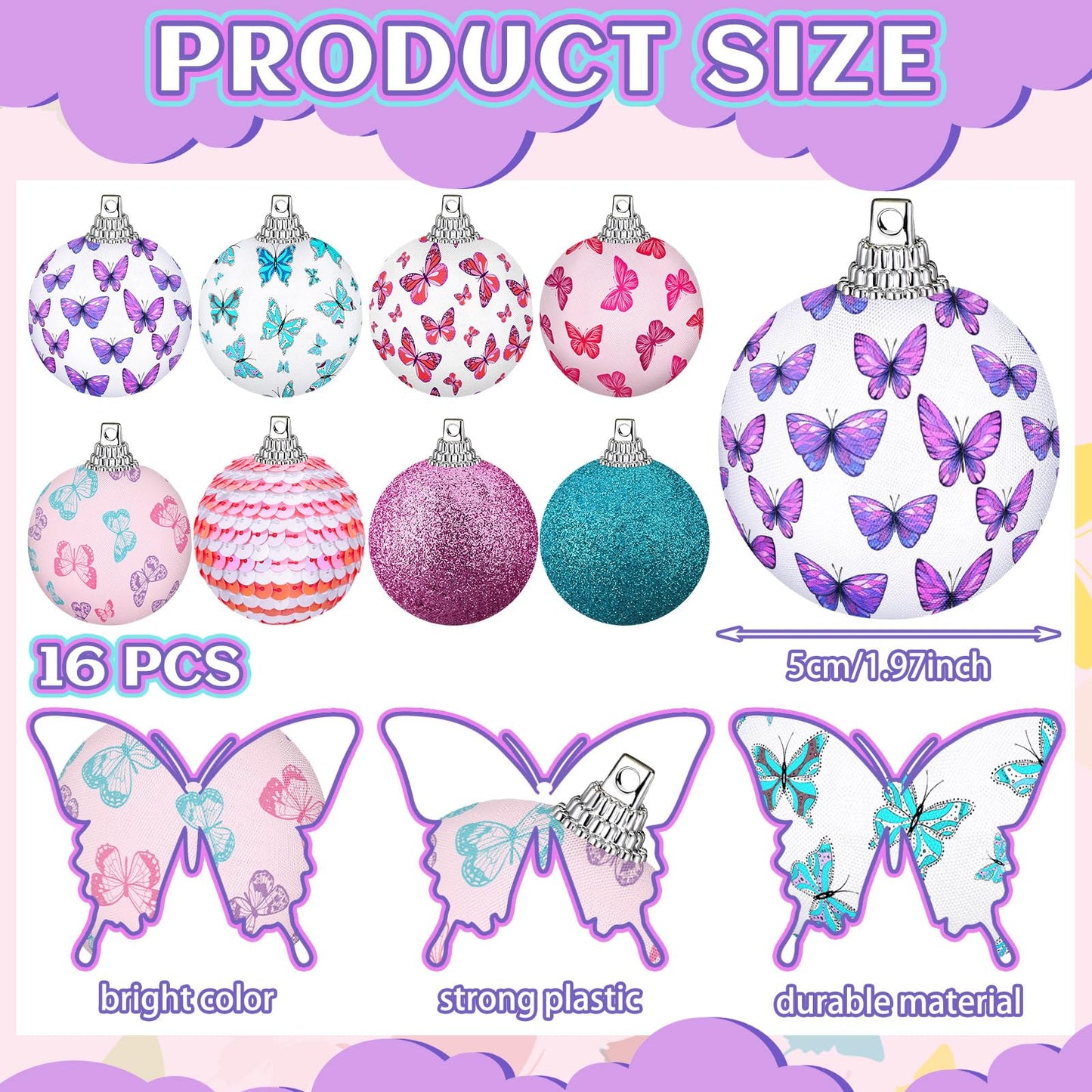 Zeyune 16 Pcs 1.97 Inch Spring Tree Ornaments Summer Butterfly Decorations for Small Tree Hanging Seasonal Holiday Balls Ornaments