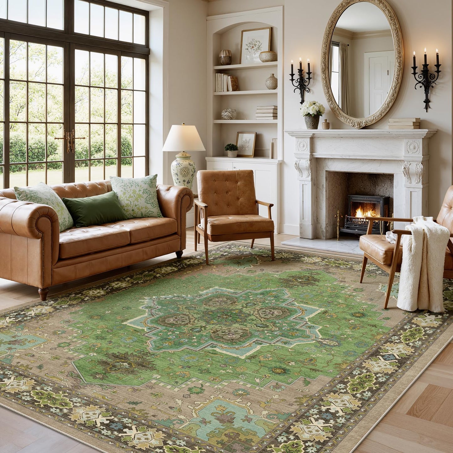 AMADA HOMEFURNISHING 6x9 Area Rug for Living Room, Vintage Washable Area Rug Low-Pile & Non-Slip Carpet for Bedroom Dining Room Nursery Home Office, Green