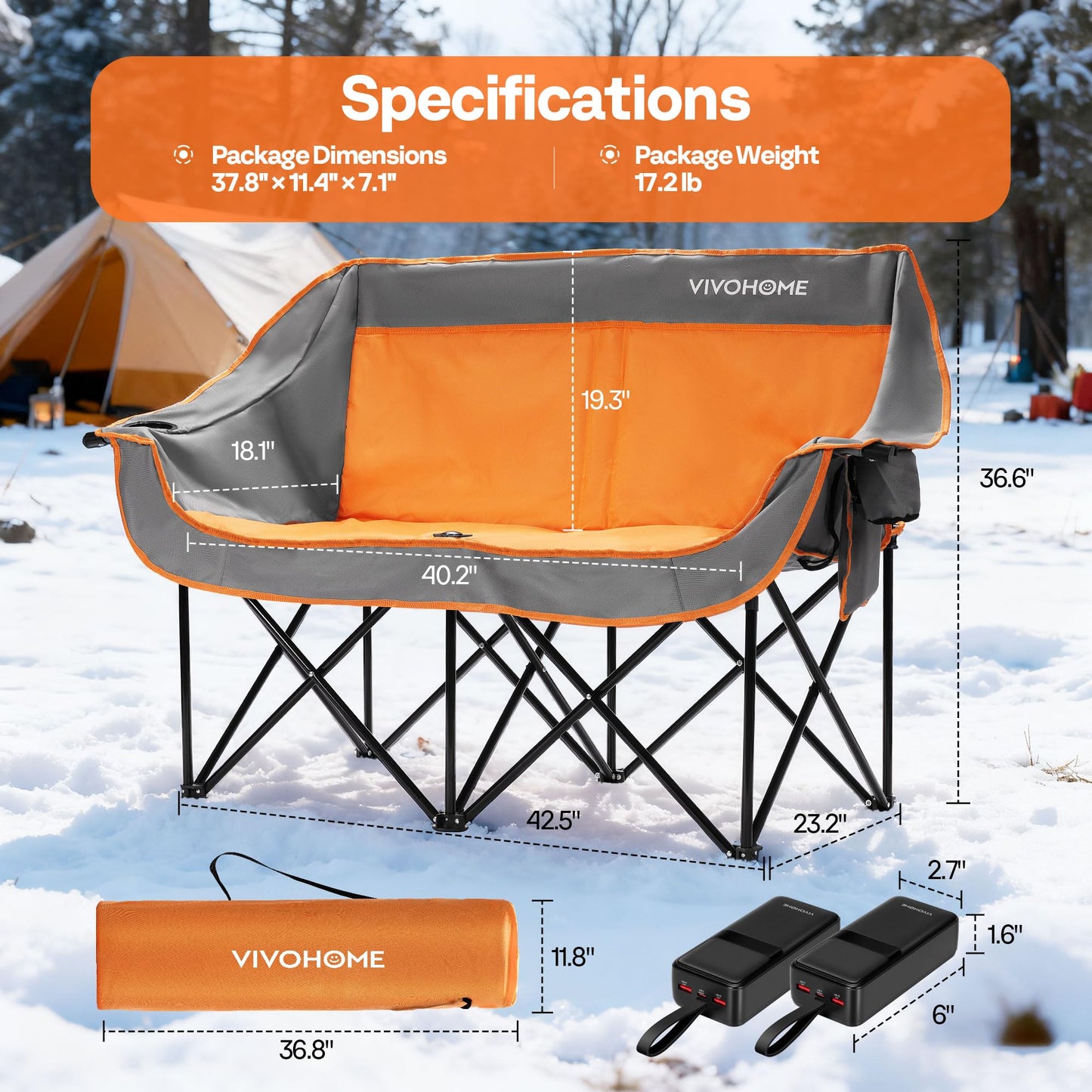 VIVOHOME 45W Padded Heating Double Camping Chair with 2 x 27000mAh Power Bank, Heated Oversized Portable Loveseat for Outdoor Sports, 3 Levels of Heat, Overheat Protection System, Orange and Gray