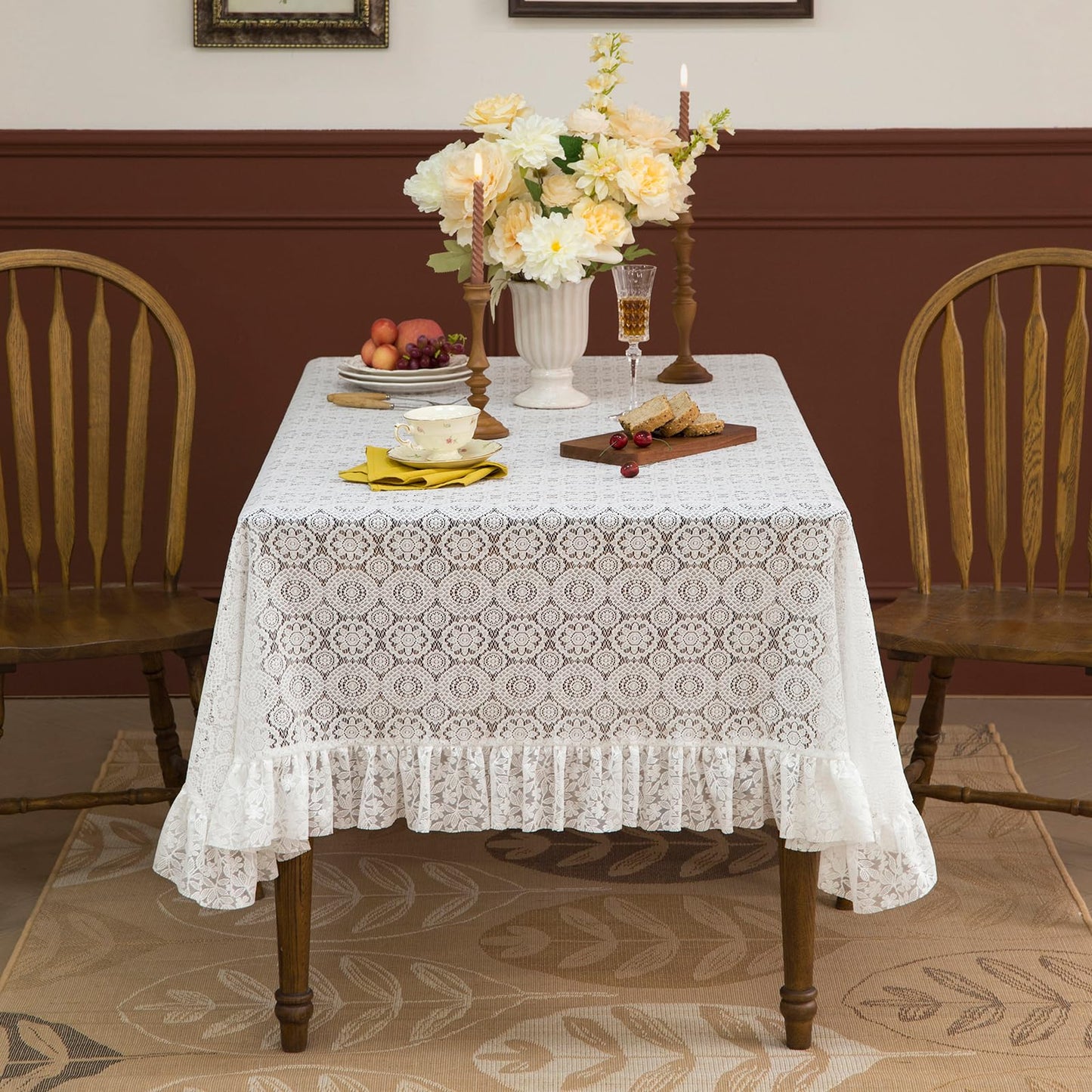 GLORY SEASON Lace Tablecloth with Flower and Leaf Pattern Fabric Ivory White Rectangle/Oblong Table Cloth Cover for Wedding Buffet Banquet Parties Holiday Farmhouse Kitchen Dining Decor 52x70 Inch