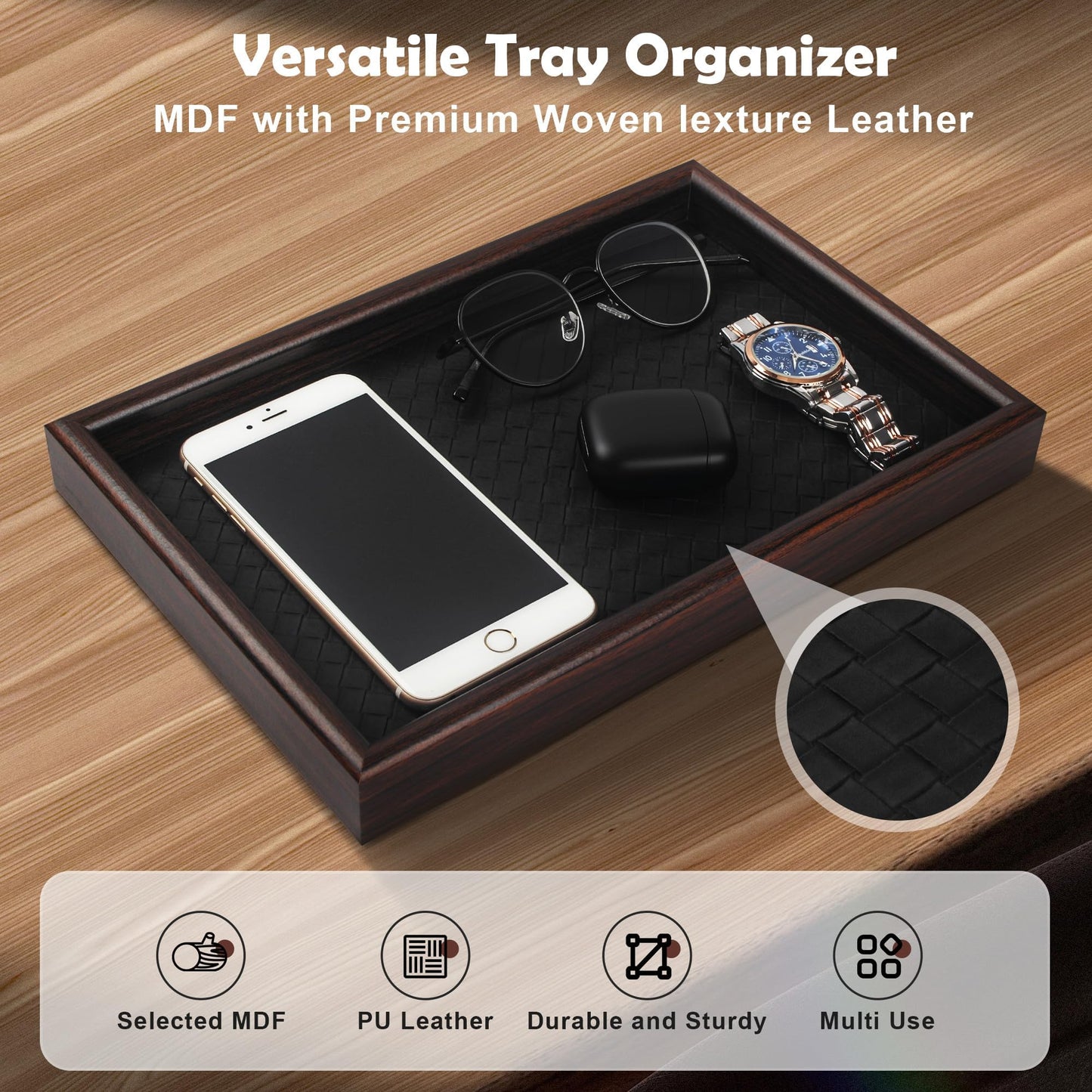 Zosenley Wooden Valet Tray with Leather Base - Nightstand Catchall Organizer for Cologne, Perfume, Keys, Wallet, Phone, Watch, Jewelry & Sunglasses (Black)