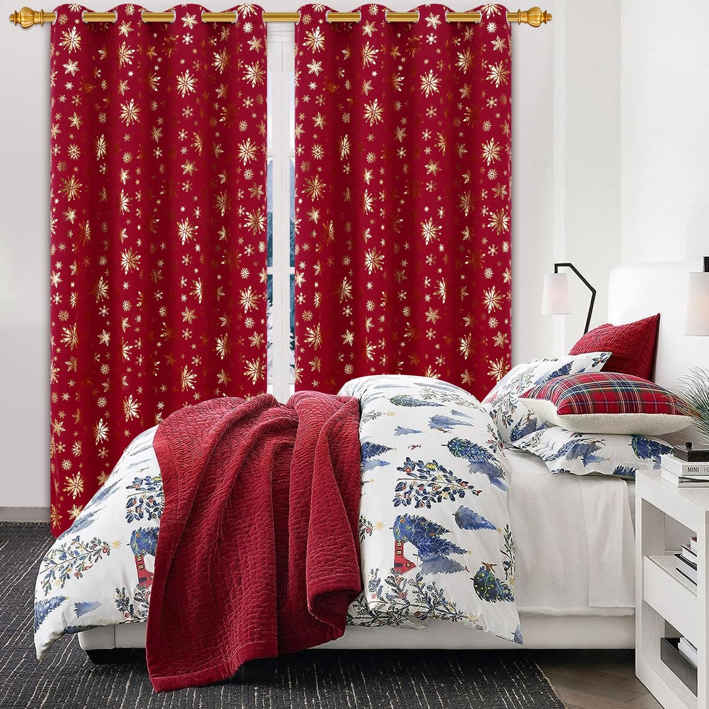 FRAMICS Christmas Curtains for Living Room and Bedroom - Gold Snowflake Foil Print, Blackout, Red, 84 Inch Length, 2 Panels Set, Grommet Window Curtains for Winter