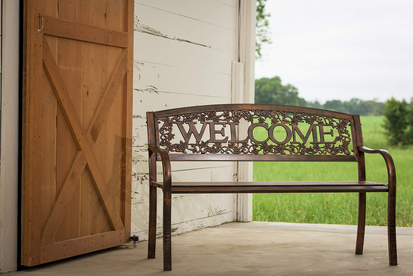 Leigh Country Metal Outdoor Bench, Welcome Design, Decorative Patio Seating for Porch/Deck