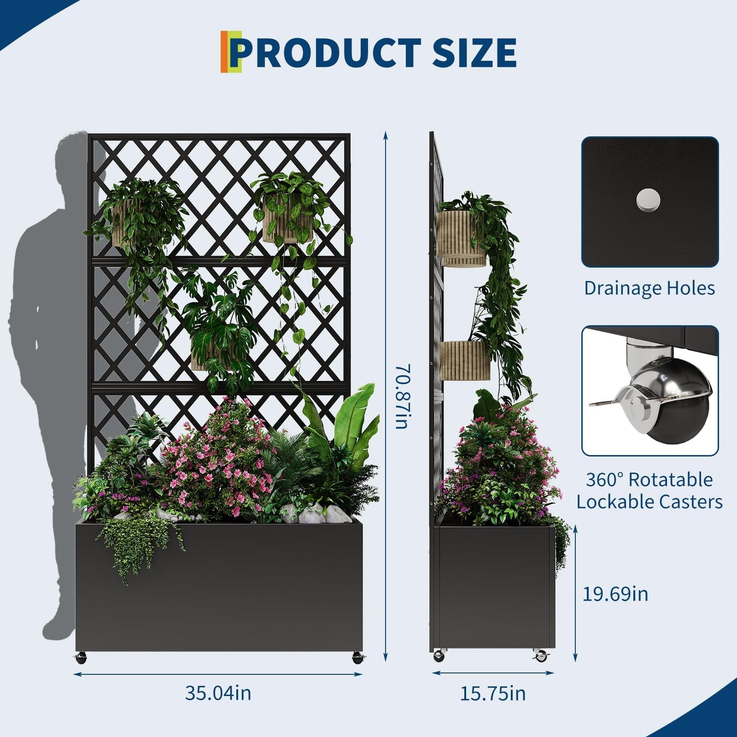 71x35x16 Inch Large Steel Raised Garden Bed, Mobile Planter Box with Trellis and Privacy Screen, Lockable Casters & Drainage Holes, Outdoor Vegetable Garden for Vines Flowers Patio Deck Balcony