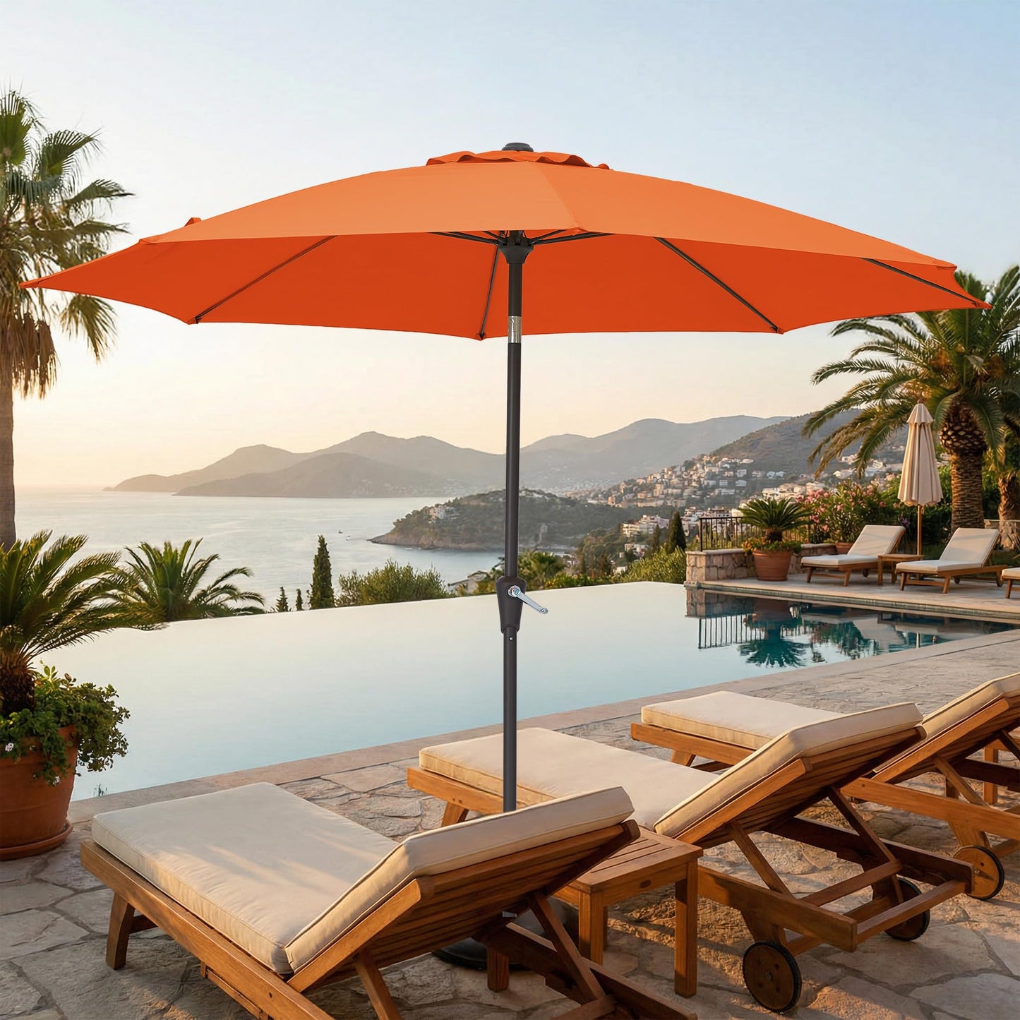 JEAREY 9FT Outdoor Patio Umbrella,Market Table Umbrella with 8 Fiberglass Ribs, Pool Umbrella with Tilt and Crank, UV Protection Lightweight & Wind-Resistant for Lawn, Garden, Deck and Backyard, Orange