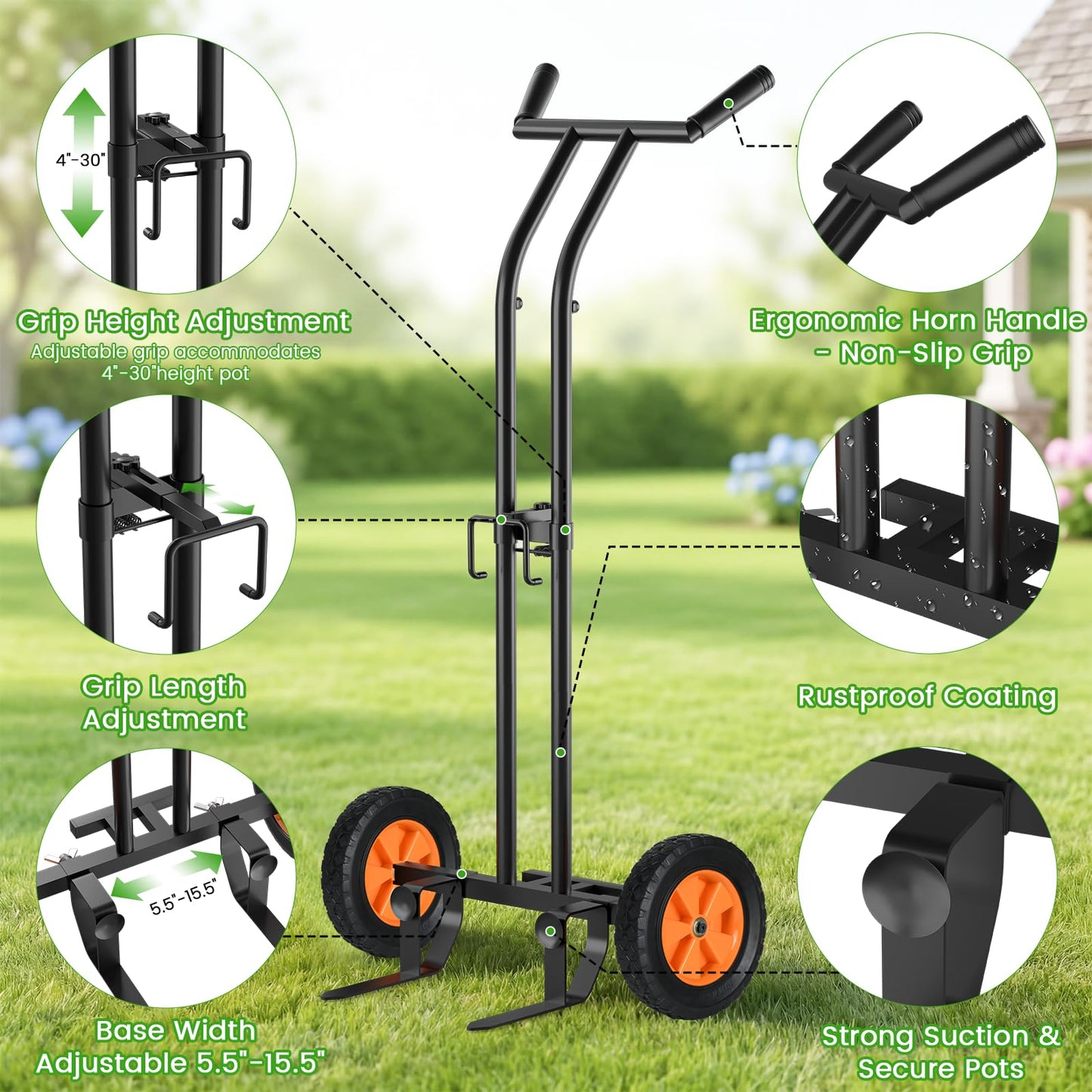 Koknows Heavy Duty Plant Dolly with Wheels, Adjustable Plant Caddy Pot Mover, No-Bend Rolling Garden Trolley with Suction Cups & Strap for Indoor Outdoor Planters, Black